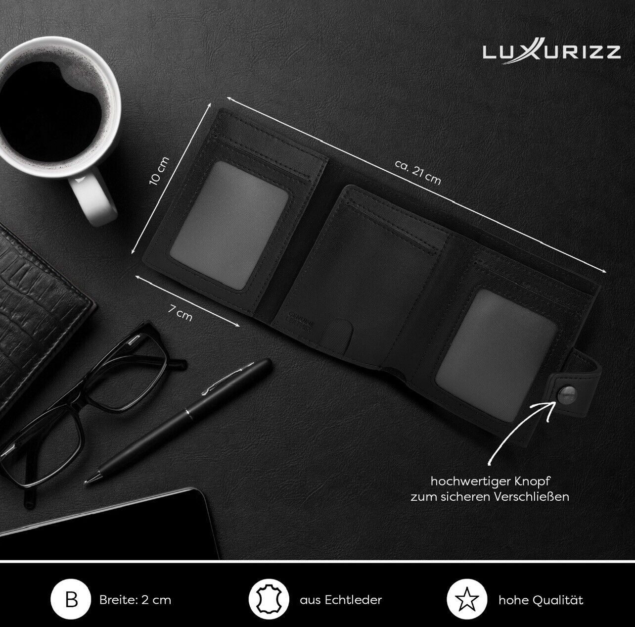 Luxurizz Mini Geldbörse Slim Wallet Echtleder mit Münzfach – Bild 3 von 5