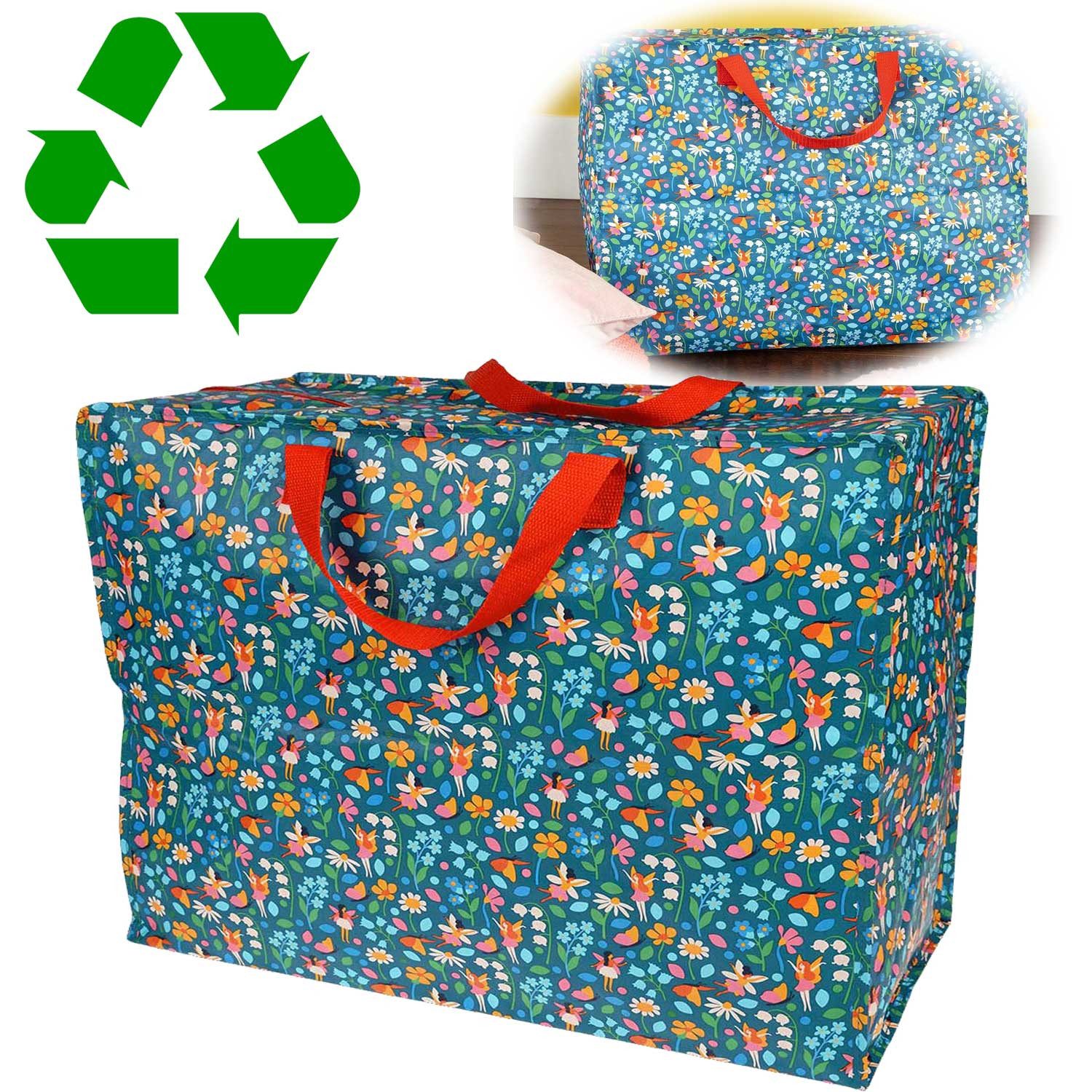 LS-LebenStil Aufbewahrungstasche XXL Jumbo Bag Fairies Garden 55cm Recycelt Nachhaltig Einkaufstasche (Unterbettkommode Organizer Aufbewahrungsbox, 1-tlg., Einkaufstasche mit Reißverschluss Shopper Riesentasche Tragetasche), Aufbewahrung von Bettwäsche Kleidung Wäsche Spielzeug - Rechteckig