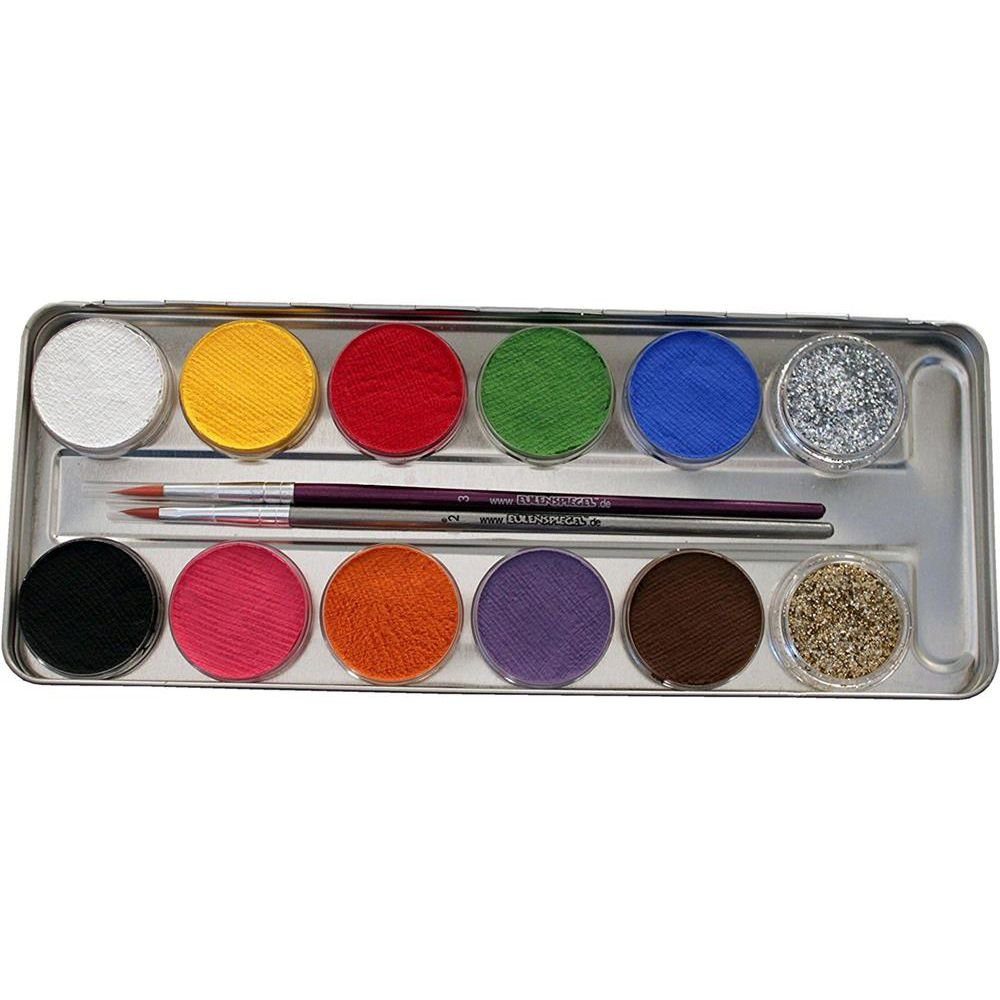 Eulenspiegel Theater Schminkpalette 12 Farben Kombi Metallpalette, mit 10 Farben, 2 Glitzer, für Karneval und Theater