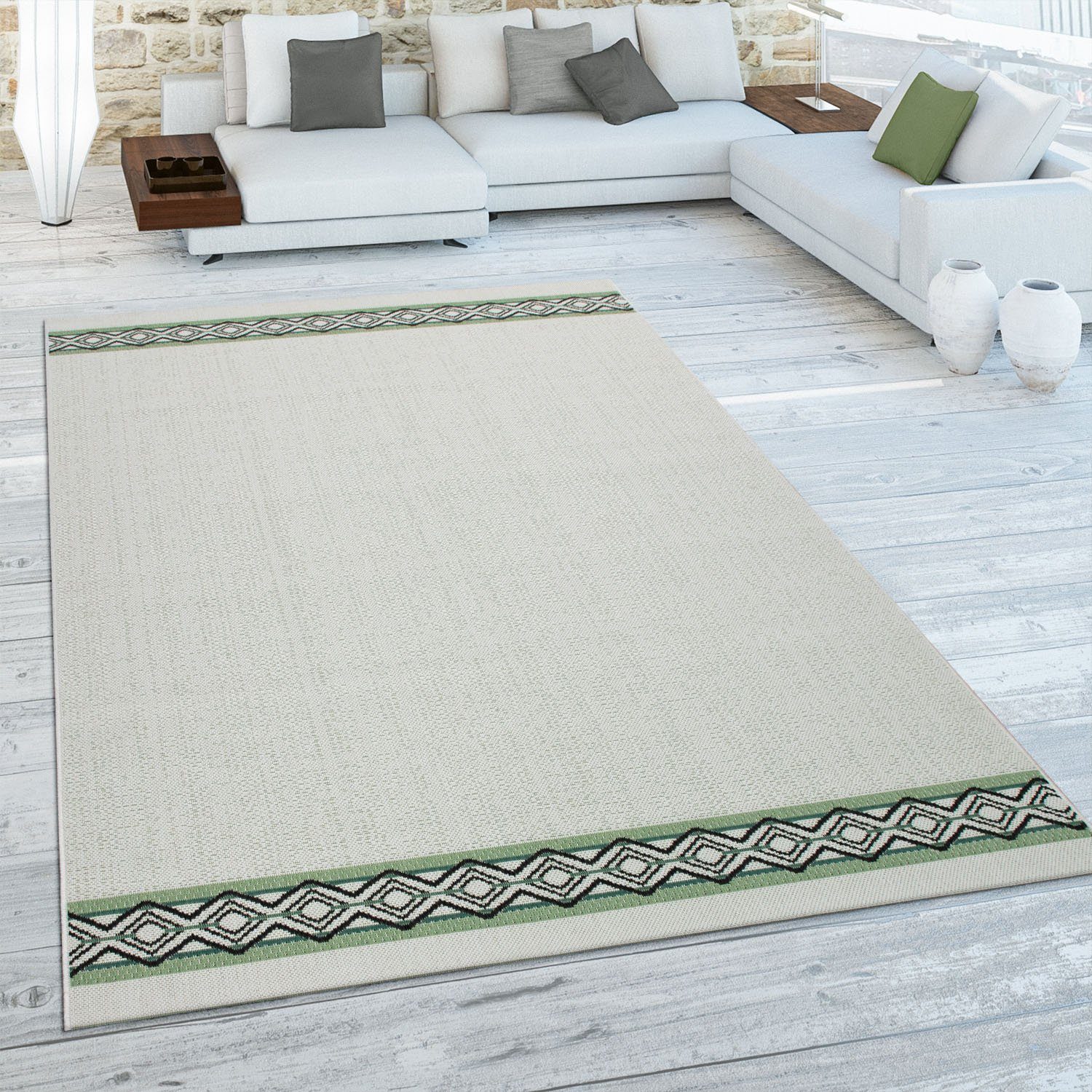 4 Teppich In- rechteckig, Bordüre, und mit grün 541, Paco mm, Ostende Flachgewebe, Outdoor Höhe: geeignet, Home, Wohnzimmer