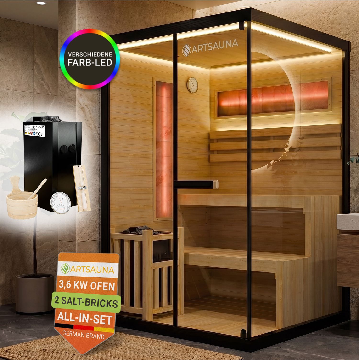Artsauna Sauna Vantaa 120, BxTxH: 120 x 120 x 200 cm, 5 mm, 2 große Salzsteine, Ambientebeleuchtung, inkl. Ofen und Saunasteine