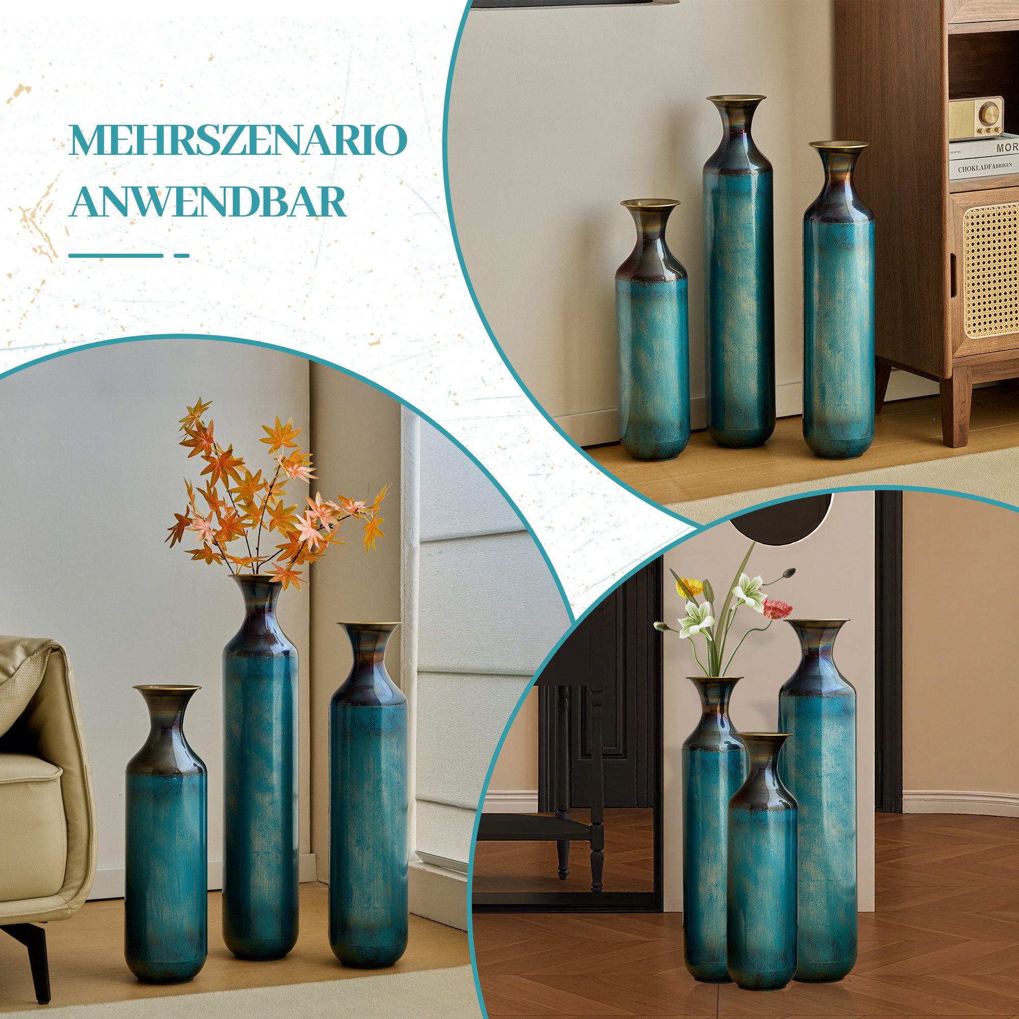 STILVORA Bodenvase Handgefertigtes 3er-Set Metallvasen Deko-Vase mit Vintage-Optik