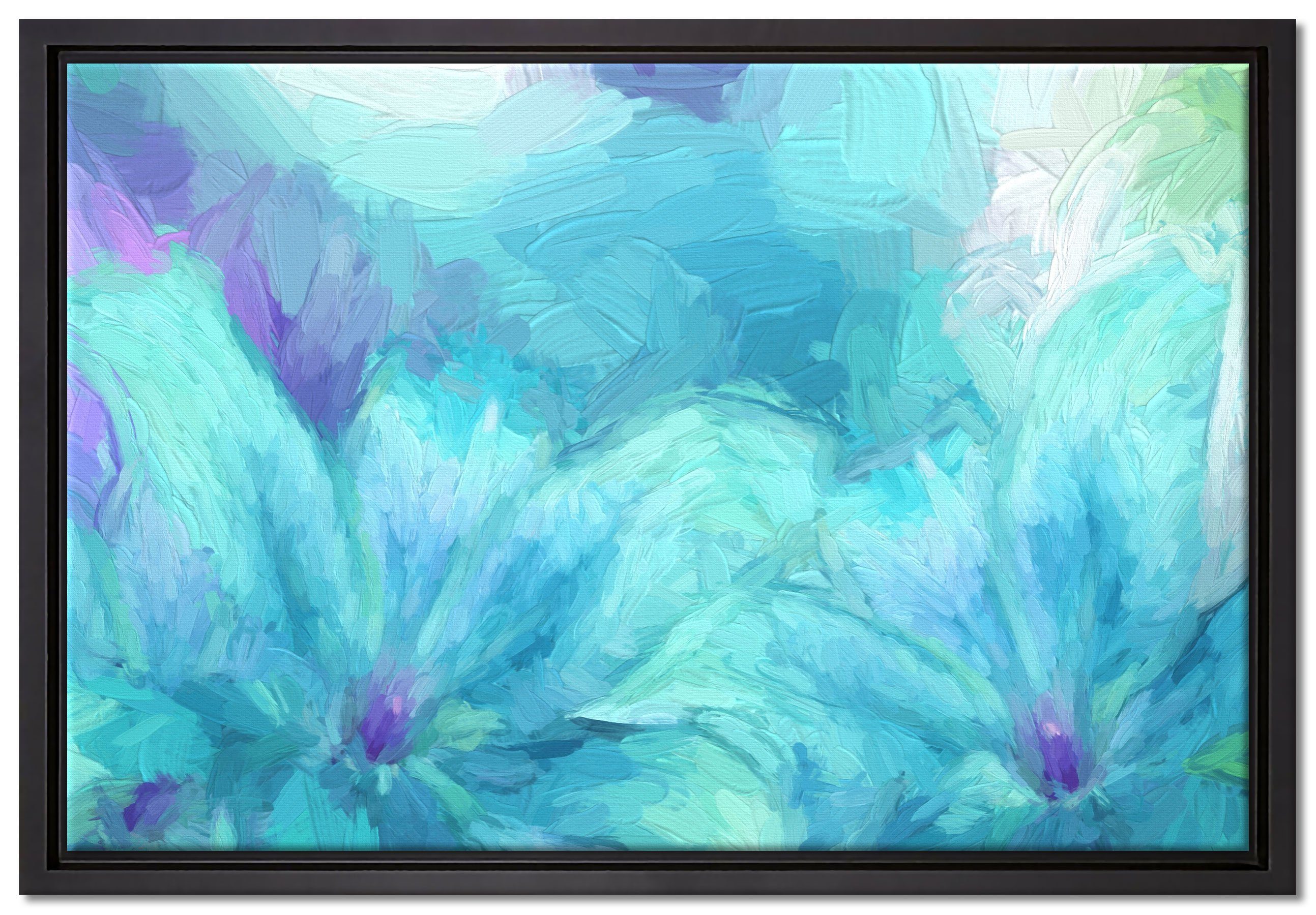 Pixxprint Leinwandbild türkise Lilien Kunst, Wanddekoration (1 St), Leinwandbild fertig bespannt, in einem Schattenfugen-Bilderrahmen gefasst, inkl. Zackenaufhänger