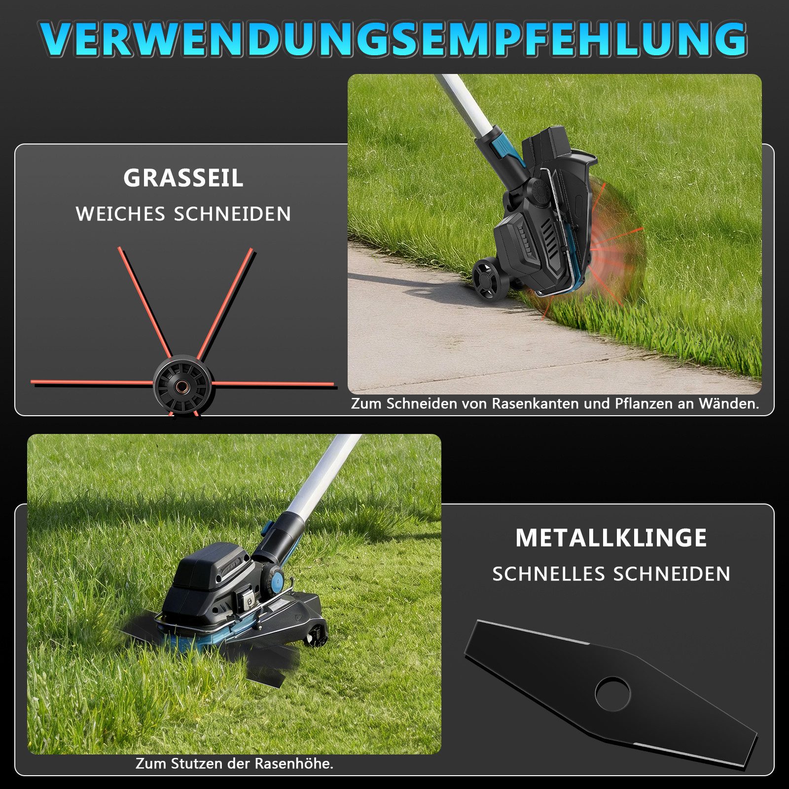 XERSEK Akku-Rasentrimmer 1200W Freischneider mit Teleskop-Stiel Räder, Grastrimmer Motorsense, 25 cm Arbeitsbreite Messer, (19tlg-inkl.2*4.0AH-Akkus, Bürstenloser Motor, 16800U/min, L100-140cm), 2*4.0AH-Akkus Bürstenloser Motor 16800U/min Rasenmäher f. Rasen Garten