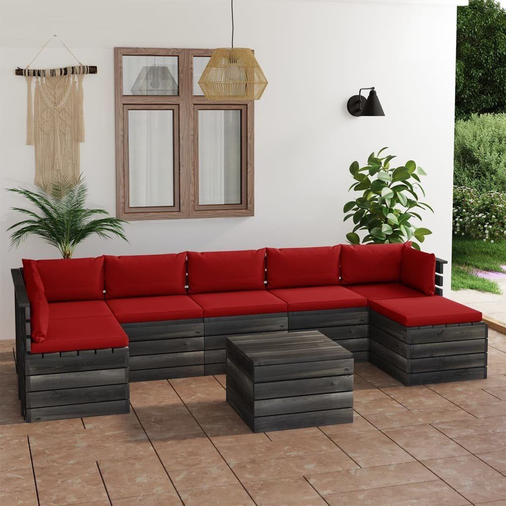 vidaXL Gartenlounge-Set 8-tlg. Garten-Sofagarnitur aus Paletten mit Kissen Kiefernholz, (8-tlg) Rot