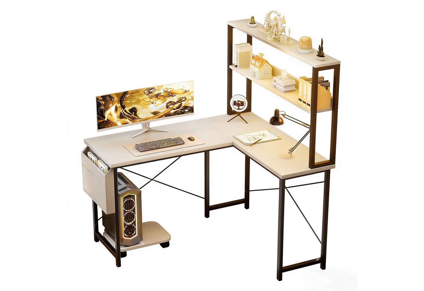 Aiorber Computertisch Aiorber-L-Schreibtisch Weiß 110x80x148cm mit Regal Seitentasche