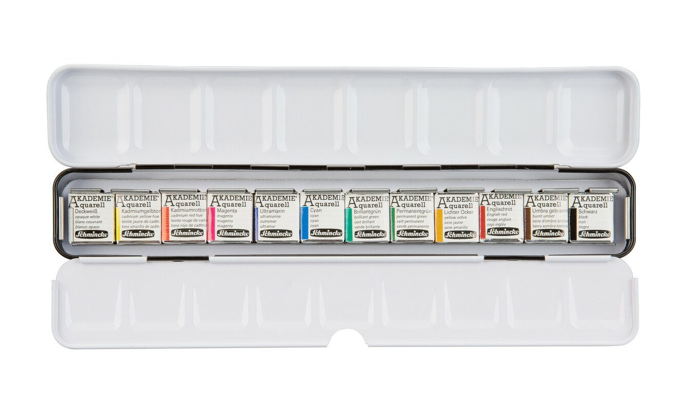 Schmincke Aquarellfarbe Akademie Aquarell - schmaler Metallkasten mit 12 halben Näpfchen
