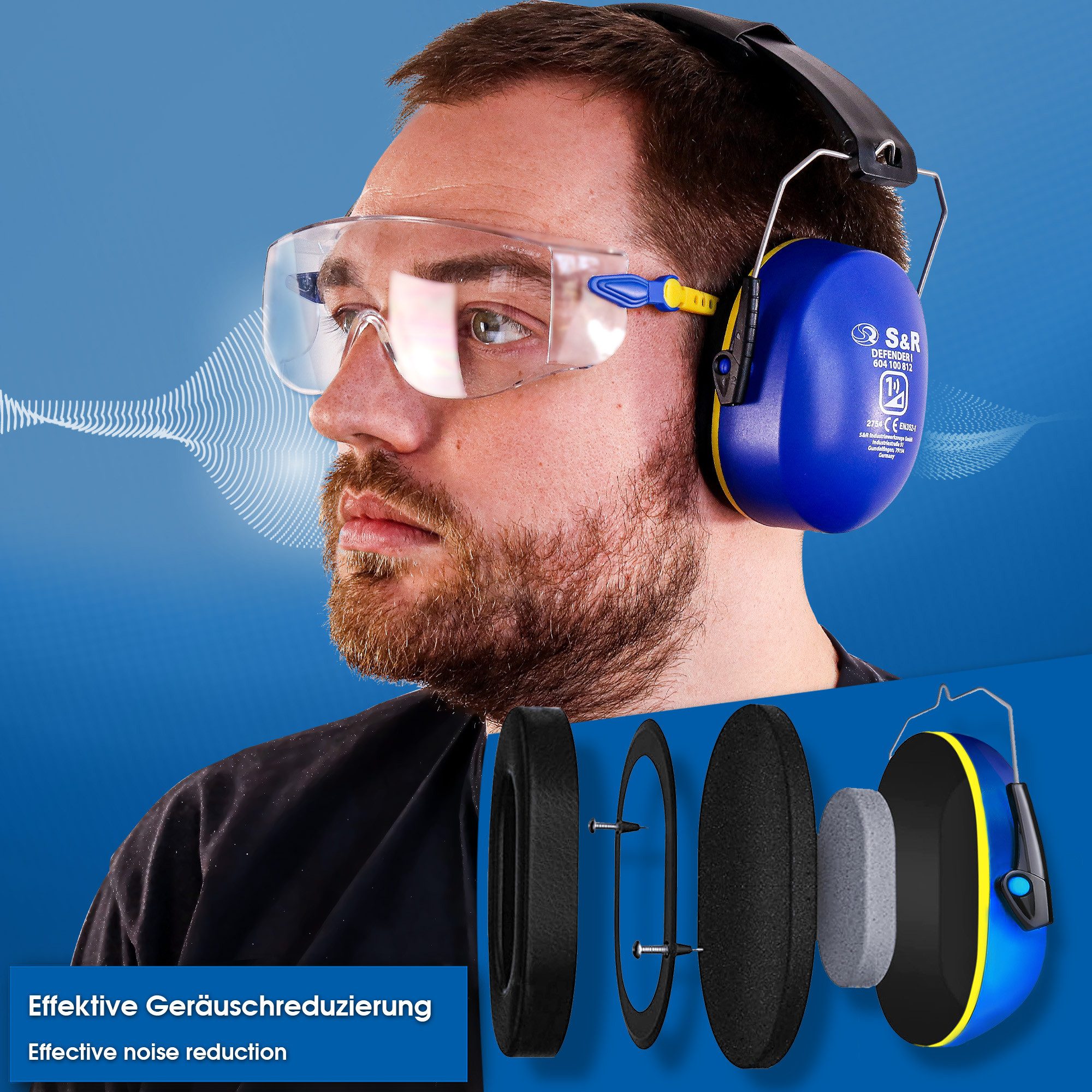 S&R Kapselgehörschutz DEFENDER II, Professioneller Gehörschutz, verstellbar, gepolstert, (1 St), zertifizierter Arbeitsschutz, robuster Lärmschutz für diverse Zwecke