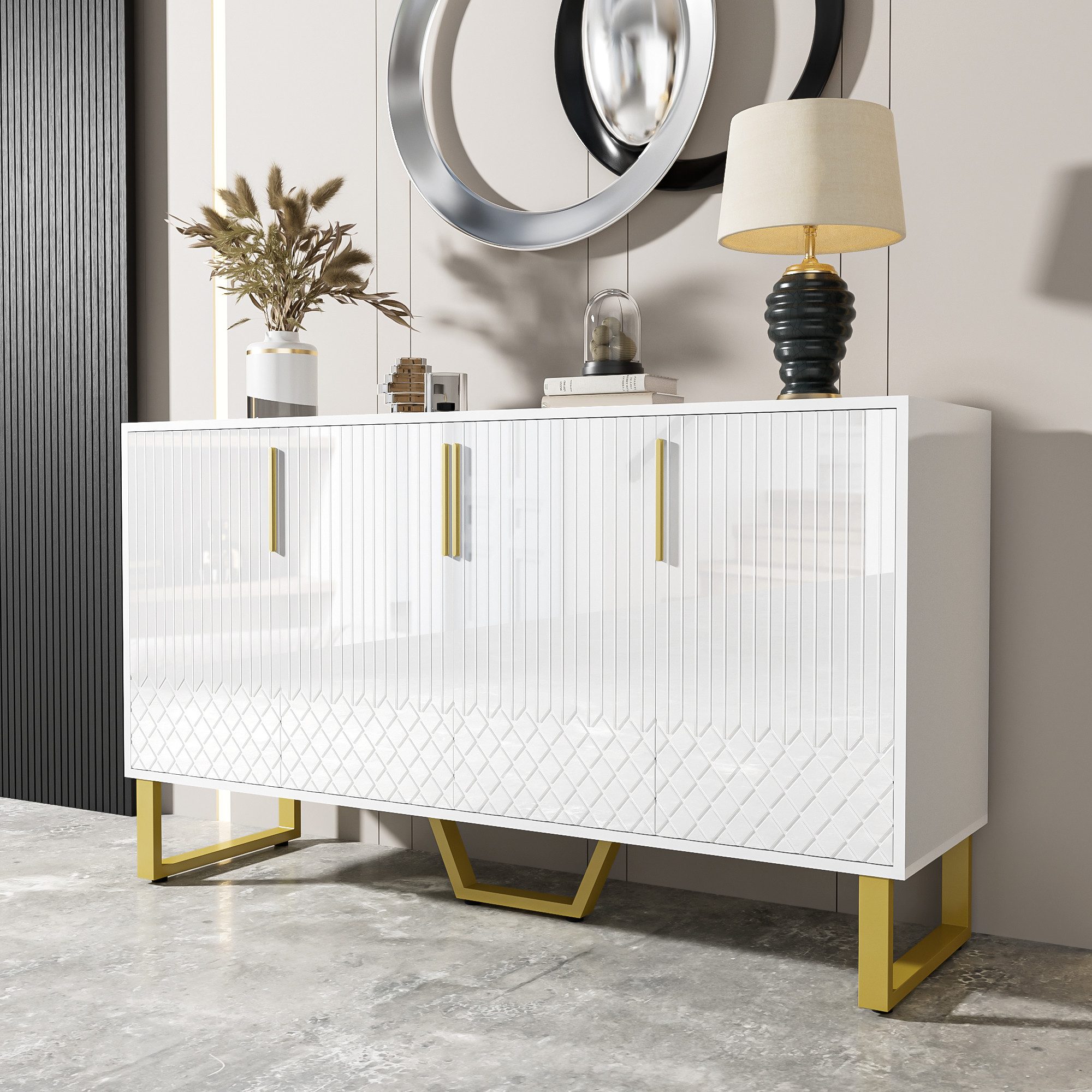 BlingBin Sideboard Kommode, 140 cm Hochglanz Sideboard, Buffetschrank, Weiß (1er Set, 1 St., 140 x 40 x 80 cm, 4 Türen, Metallgriffe und -beine), mit Griffen und Beinen aus Metall, für Wohnzimmer, Esszimmer