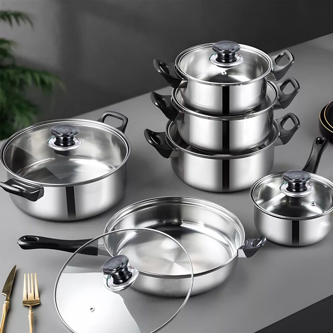 Luckice Kochtopf 12-teiliges Kochtopfset Edelstahl, Induktion/Gas/Halogen/Ceran, (6 Töpfe + 6 Deckel, für alle Herdarten)