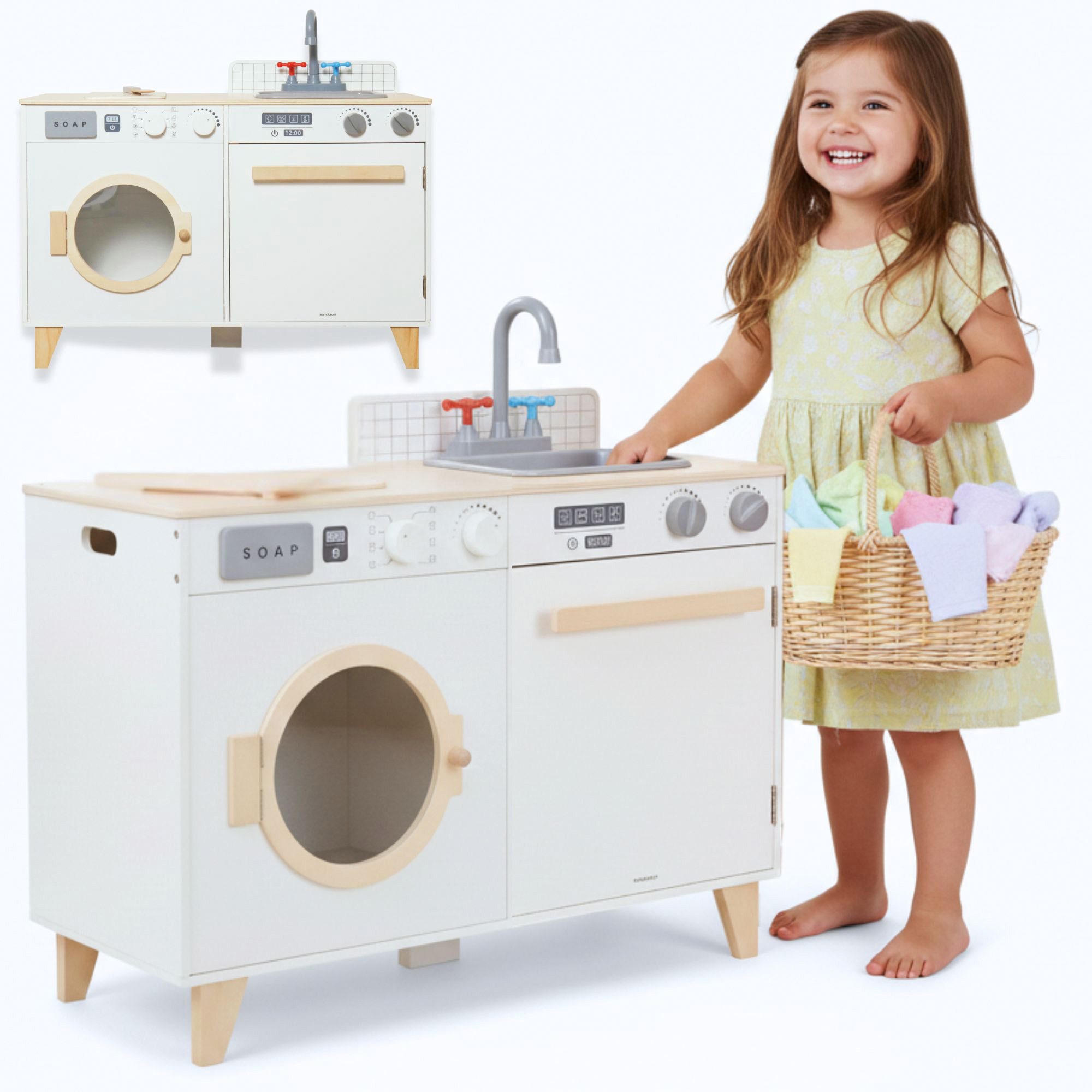 Mamabrum Kinder-Waschmaschine Holz-Kinderküche & Waschmaschine 2in1 – realistisches Spielset
