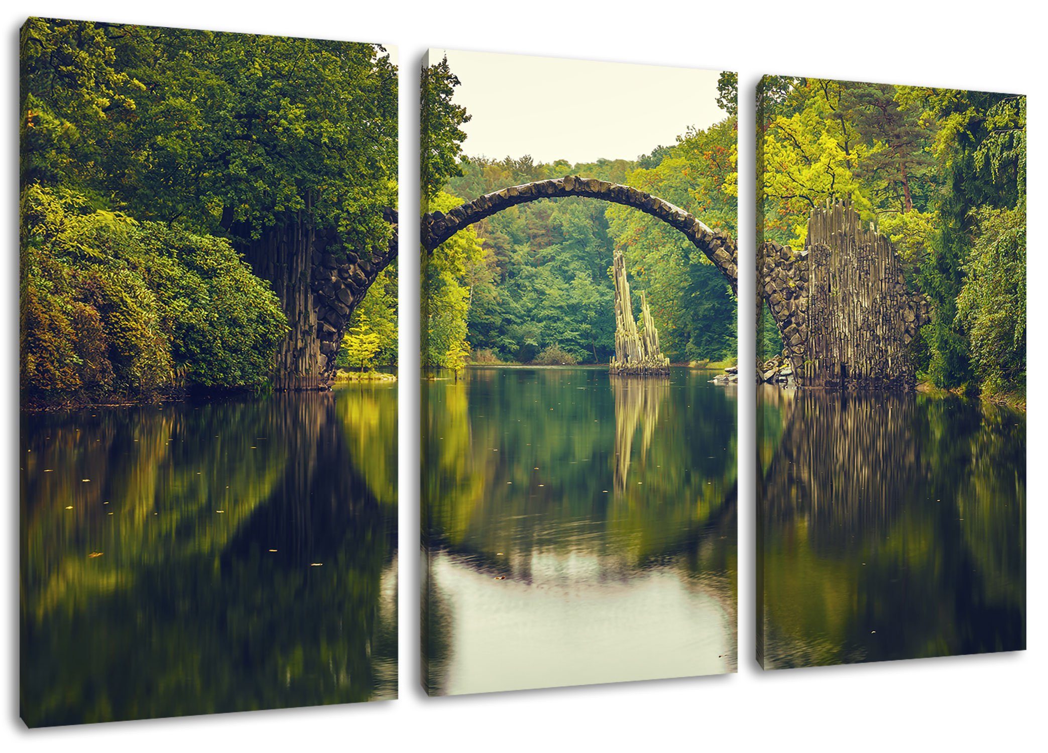 inkl. Zackenaufhänger Reflexion, bespannt, Leinwandbild St), Rakotz-Brücke Kromlau fertig Pixxprint Rakotz-Brücke (120x80cm) 3Teiler Leinwandbild (1 Kromlau Reflexion