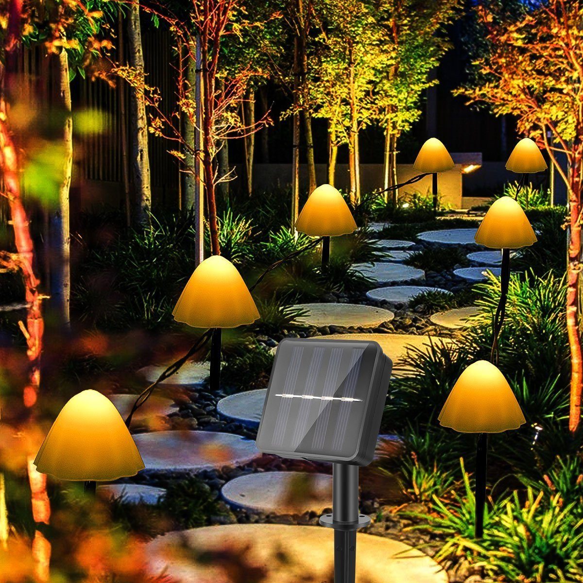 LETGOSPT Gartenleuchte Pilz LED Solarlampe, 5M/3,7M Straßenlaterne Warmweiß 3,7M - 10 LEDs