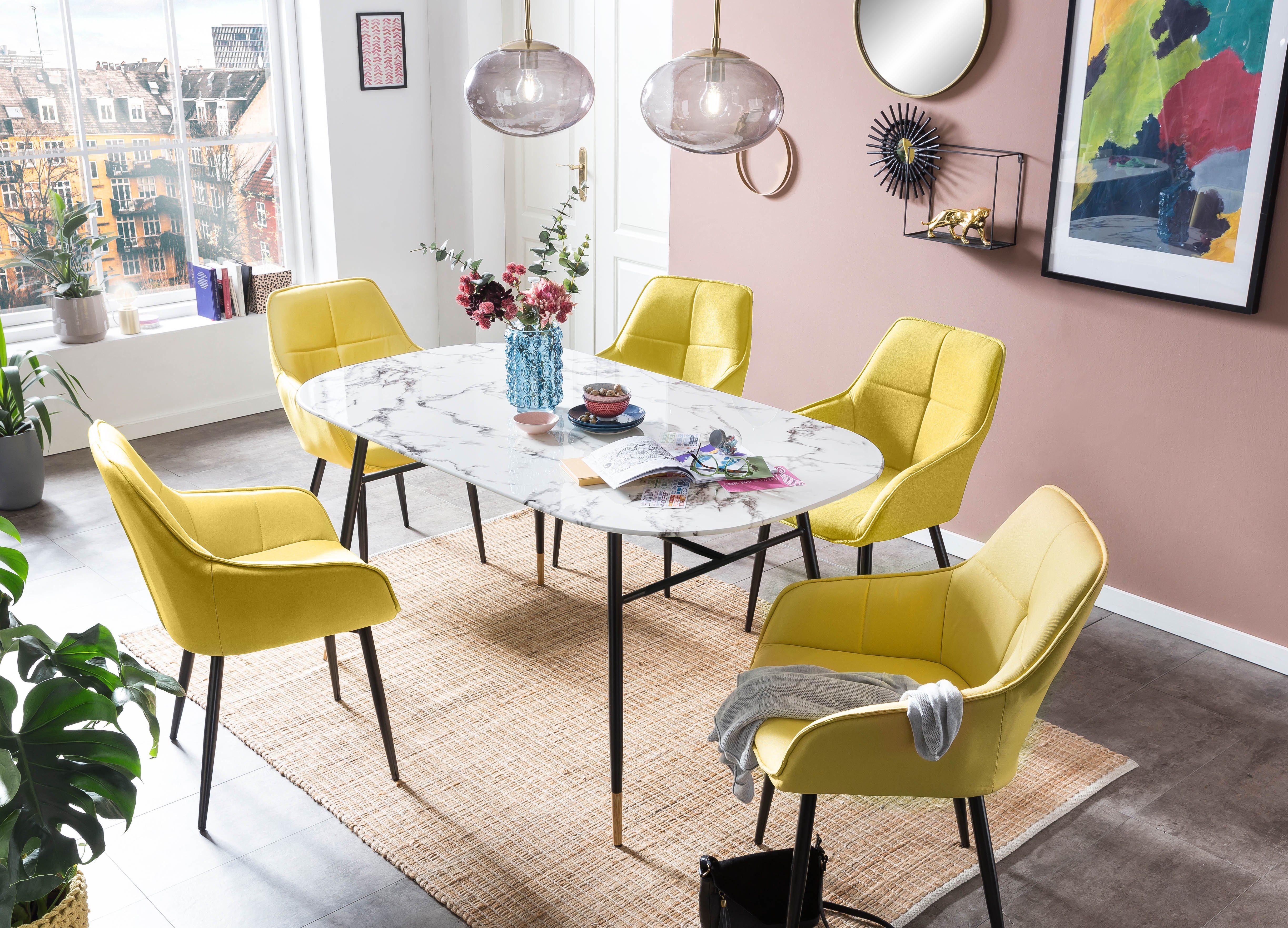 TPFLiving Esstisch LARS - Esszimmertisch - Platte Glas in Marmor-Optik (Hochwertiger Küchentisch mit stylischem 4-Fuß-Gestell, 1-St., Designertisch, weiß, Beine schwarz), Tisch Esszimmer - Maße (BxHxT): 160x77x90 cm - Plattenstärke: 1 cm