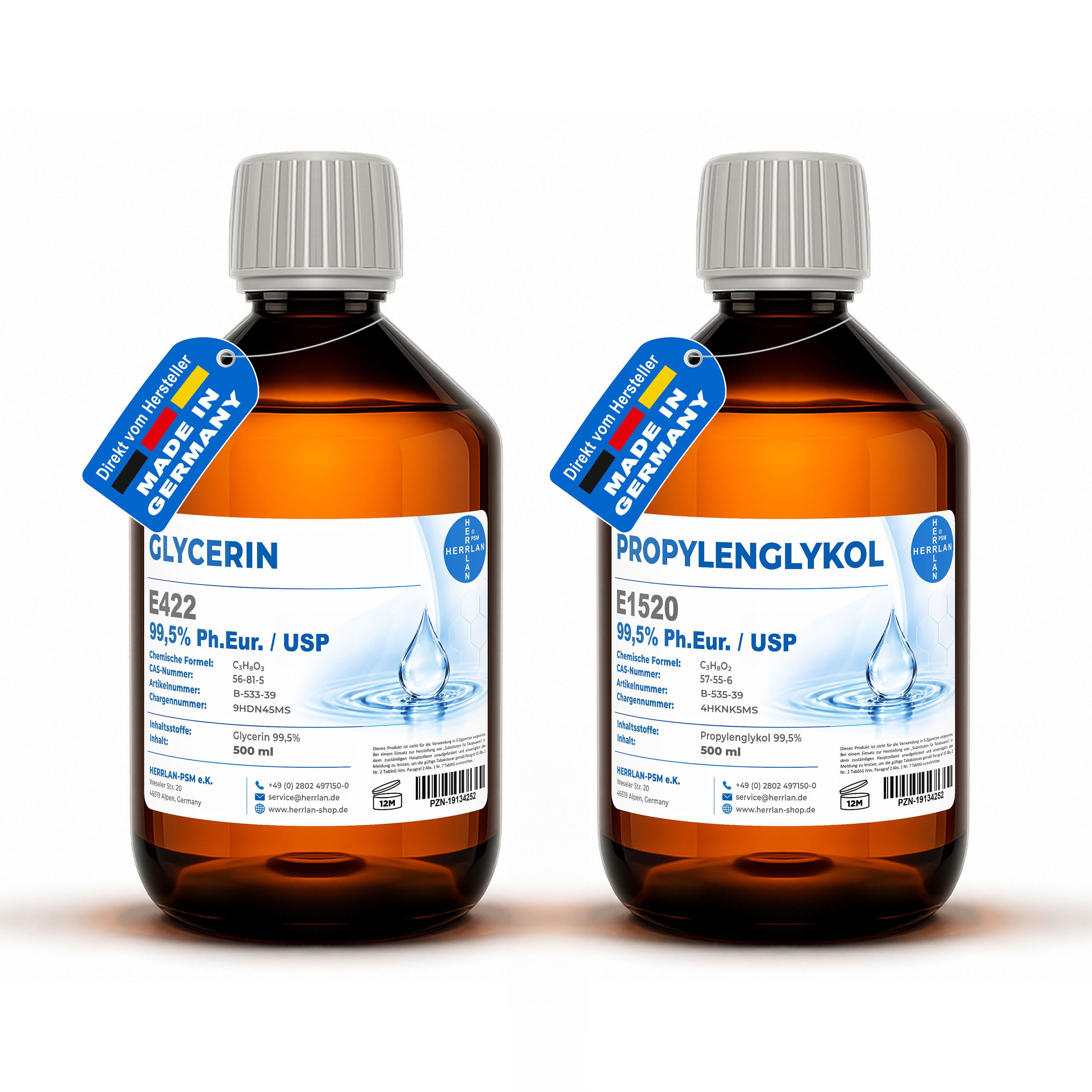 HERRLAN Trinkwasser-Frostschutz 500 ml Glycerin + 500 ml Propylenglykol zum Vorteilspreis, 1 l, 99,5%