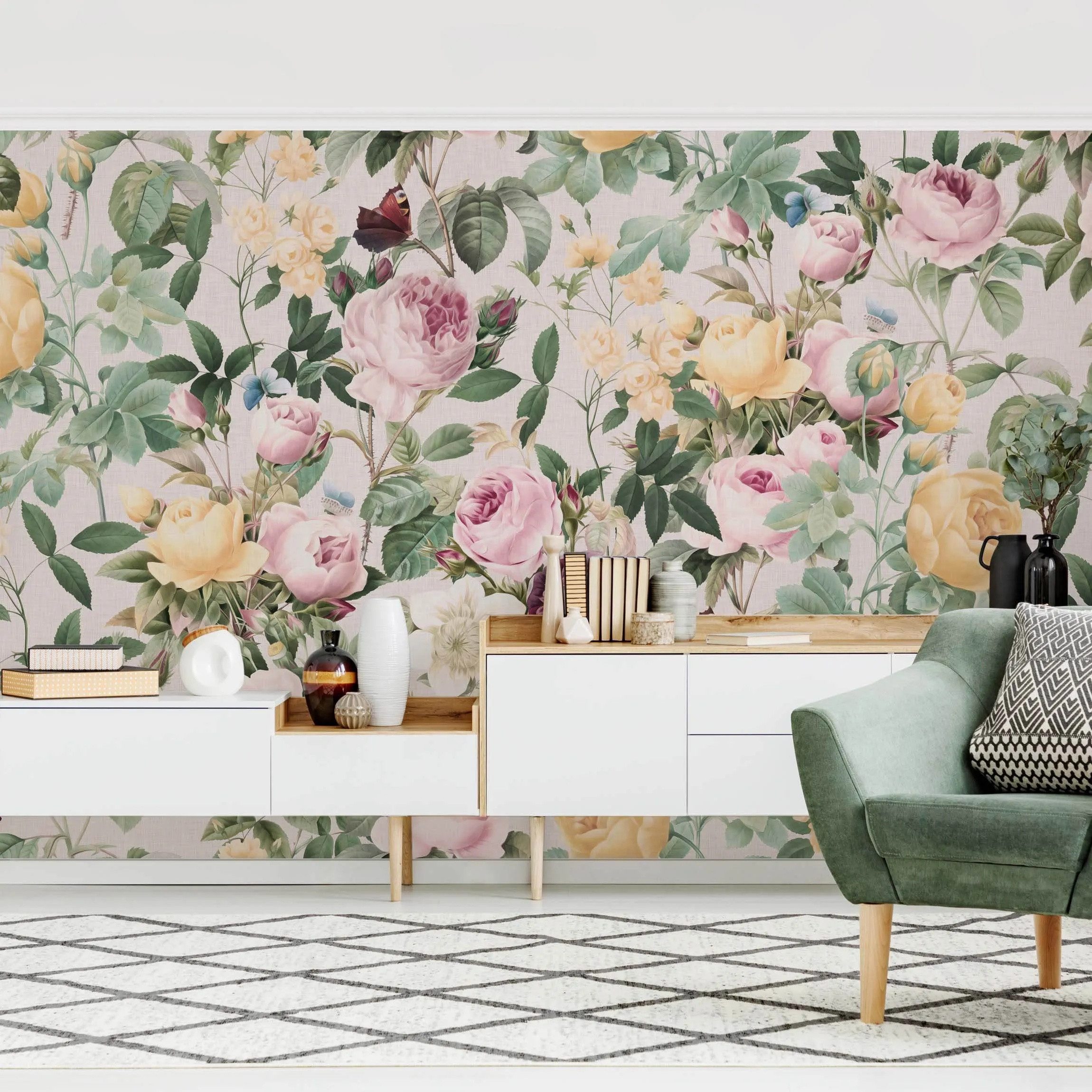 Bilderdepot24 Vliestapete Vintage Blumen Illustration XXL Floral Natur Muster Rose Rosa Gelb, Glatt, Matt, (Vliestapete inkl. Kleister oder selbstklebend), Wohnzimmer Schlafzimmer Küche Flur Fototapete Motivtapete Wandtapete