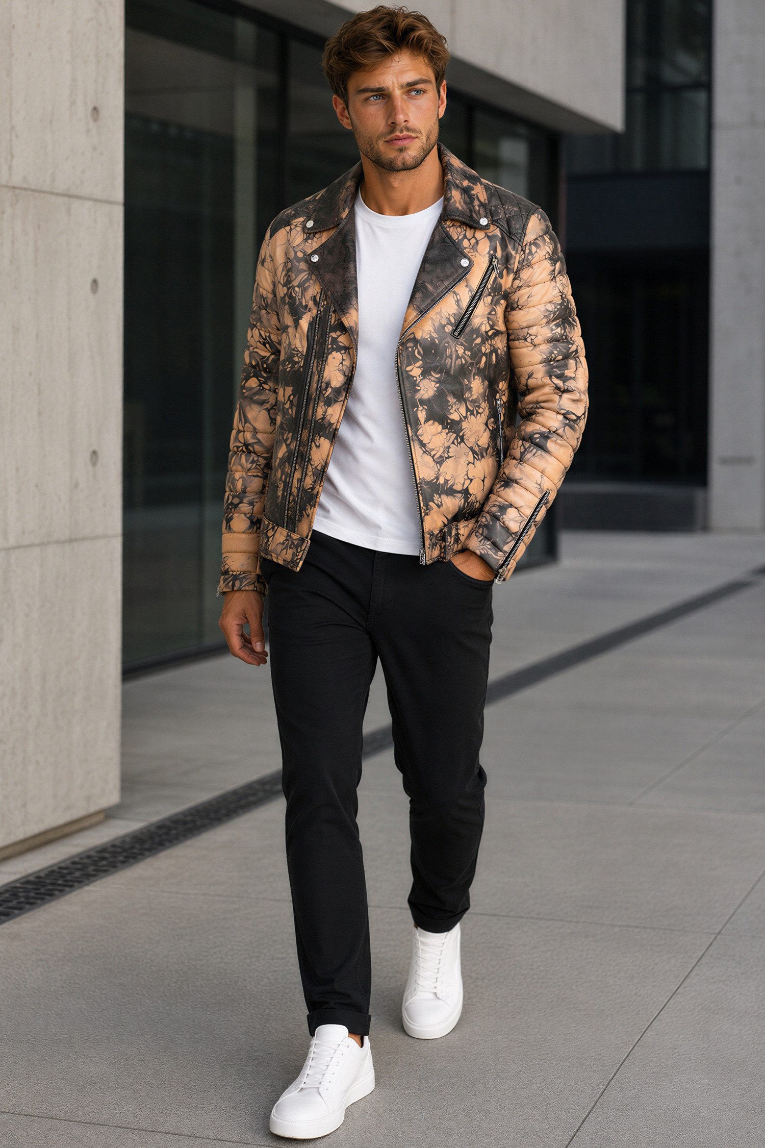 Reichstadt Lederjacke Herren Slim Fit Bikerjacke Silver Zipper RSE001 Handgefertigtes Unikat