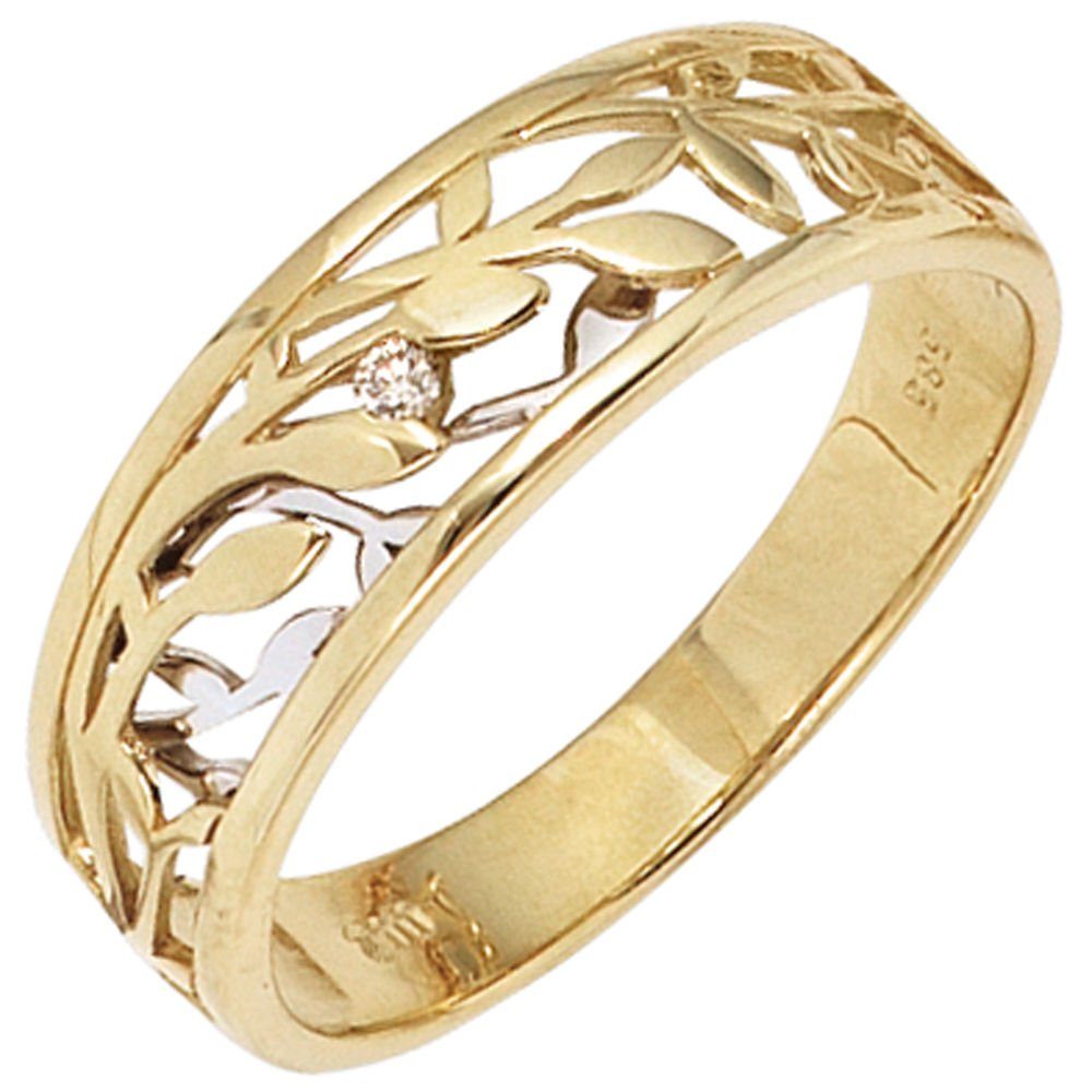 Schmuck Krone Diamantring Ring Damenring Blumen mit Diamant Brillant 585 Gold Gelbgold Weißgold, Gold 585