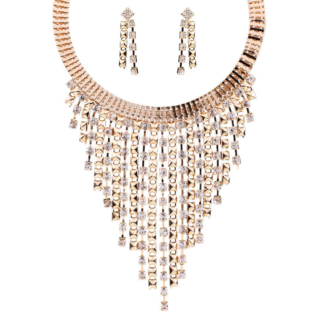 GLAMO Choker-Set Goldfarbene Halskette und Ohrringe mit Quasten und Diamanten