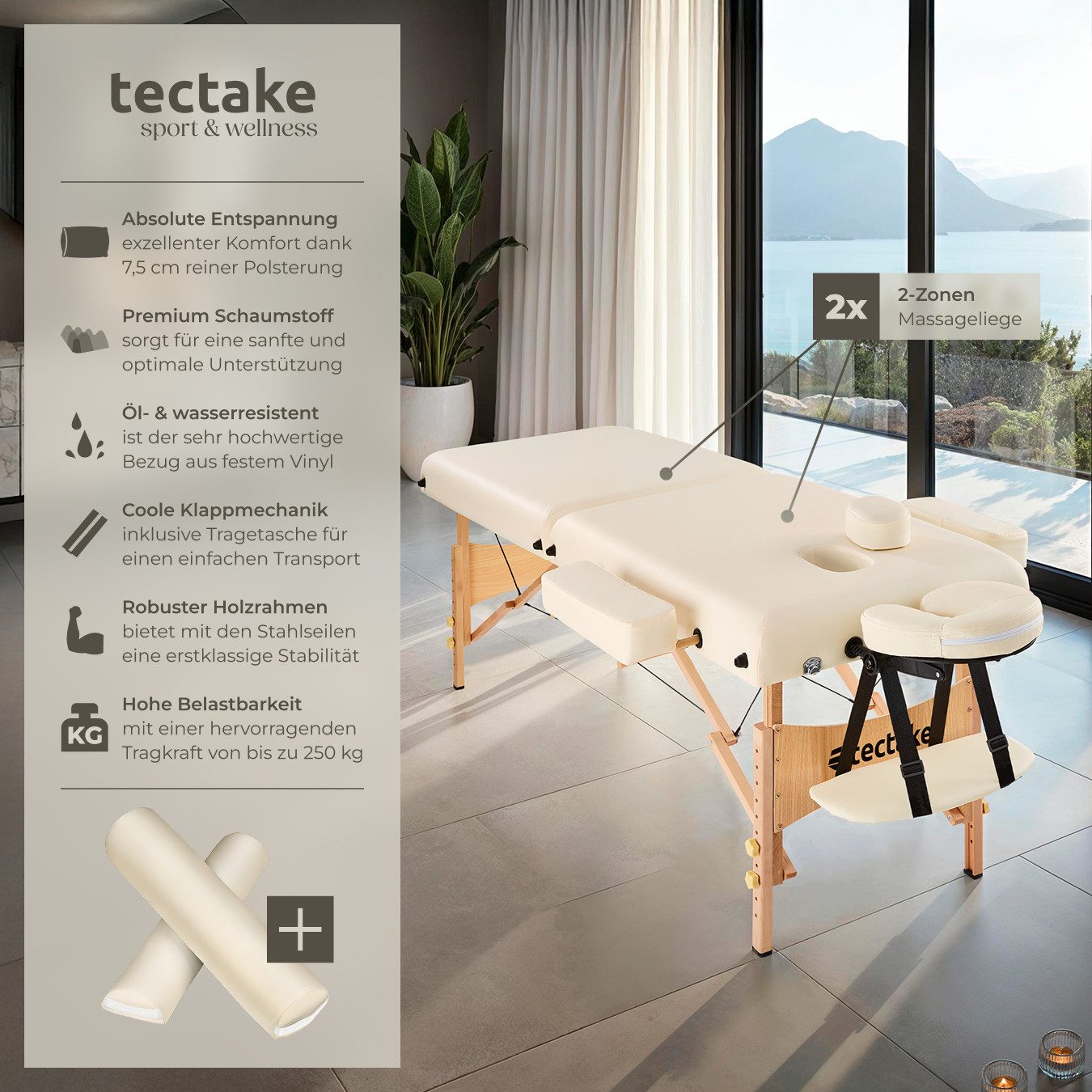 tectake Massageliege Massagetisch klappbar mit 7,5 cm Polsterung, Holzgestell, Zubehör (Set, 1-St., mit Tragetasche), Höhenverstellung und abnehmbare ergonomische Kopf- und Armablagen