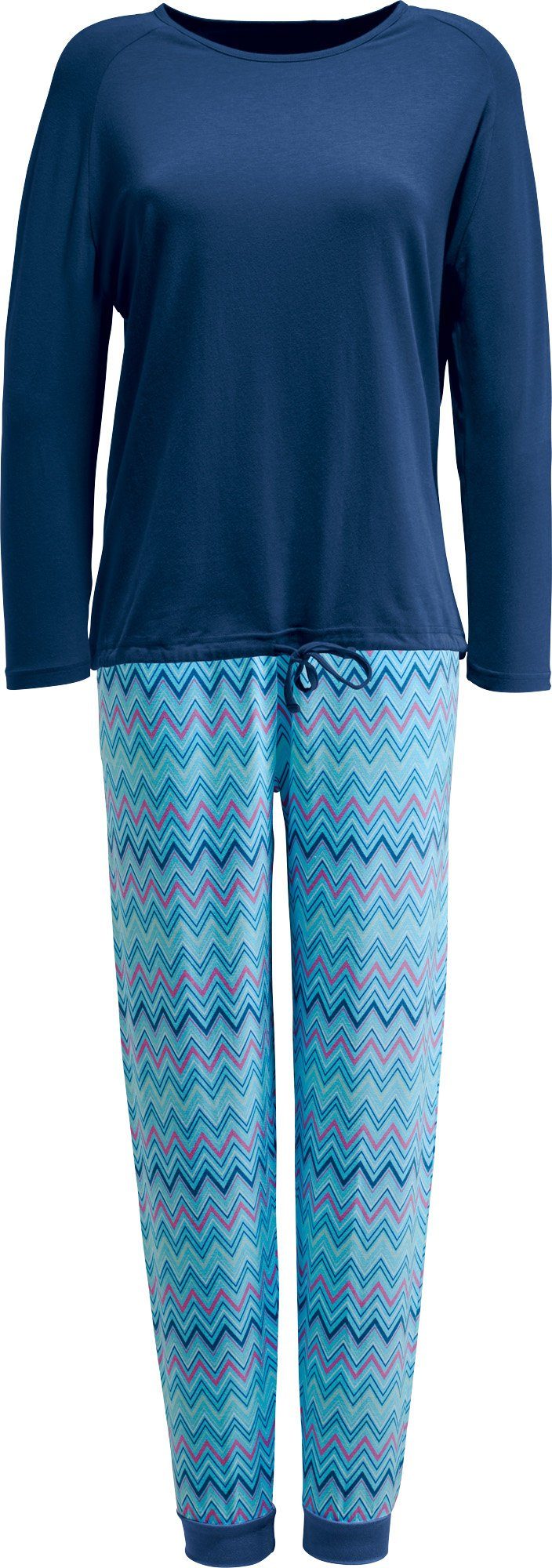 Damen-Schlafanzug Pyjama blau Erwin Müller Single-Jersey gemustert