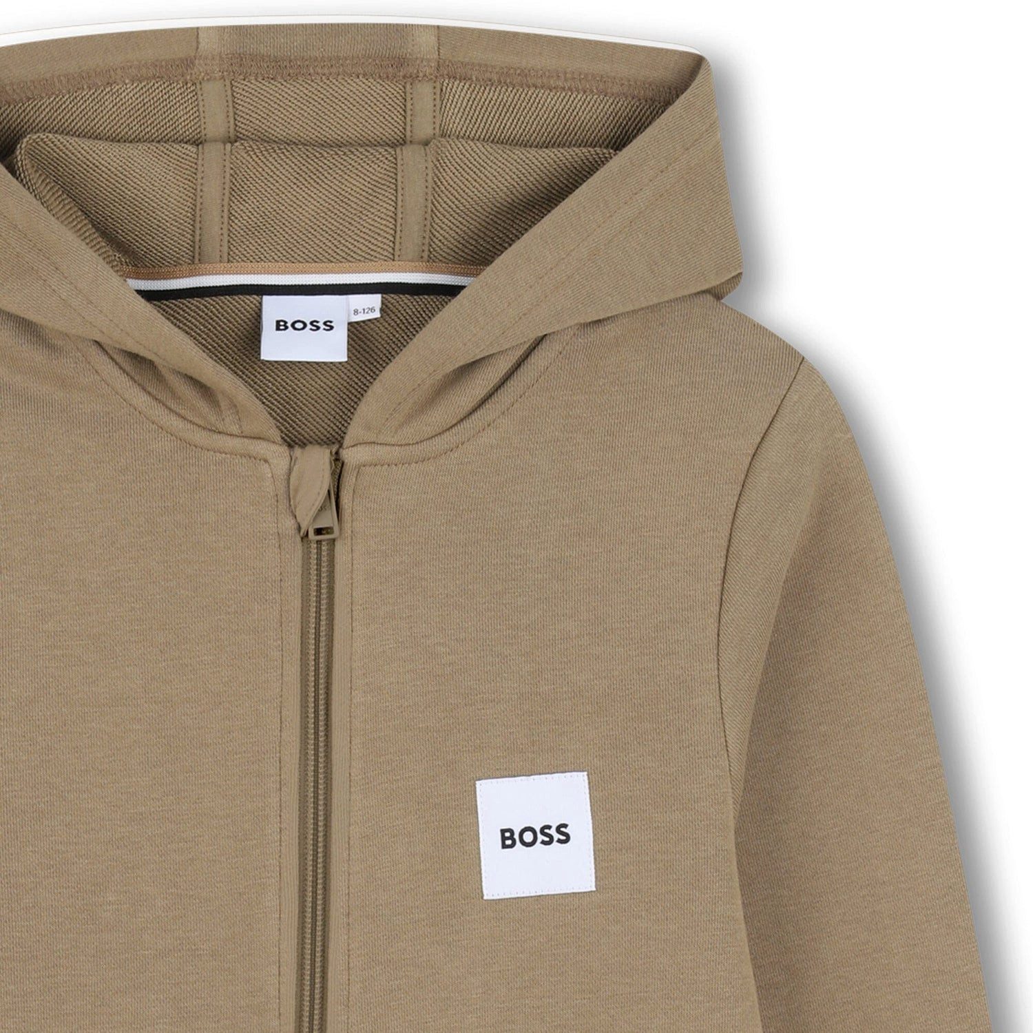 Boss Kidswear Sweatjacke BOSS Kidswear Kapuzenpullover mit Reißverschluss „Dunkel Beige“ – Logo