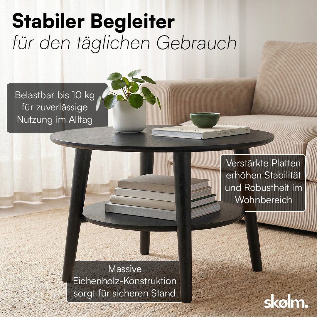 skølm Couchtisch Mjölnir aus Eiche Massivholz (Schwarz lackiert), Wohnzimmertisch Ø70 cm mit 2 Ablagen, auch in oval erhältlich – Bild 4 von 5