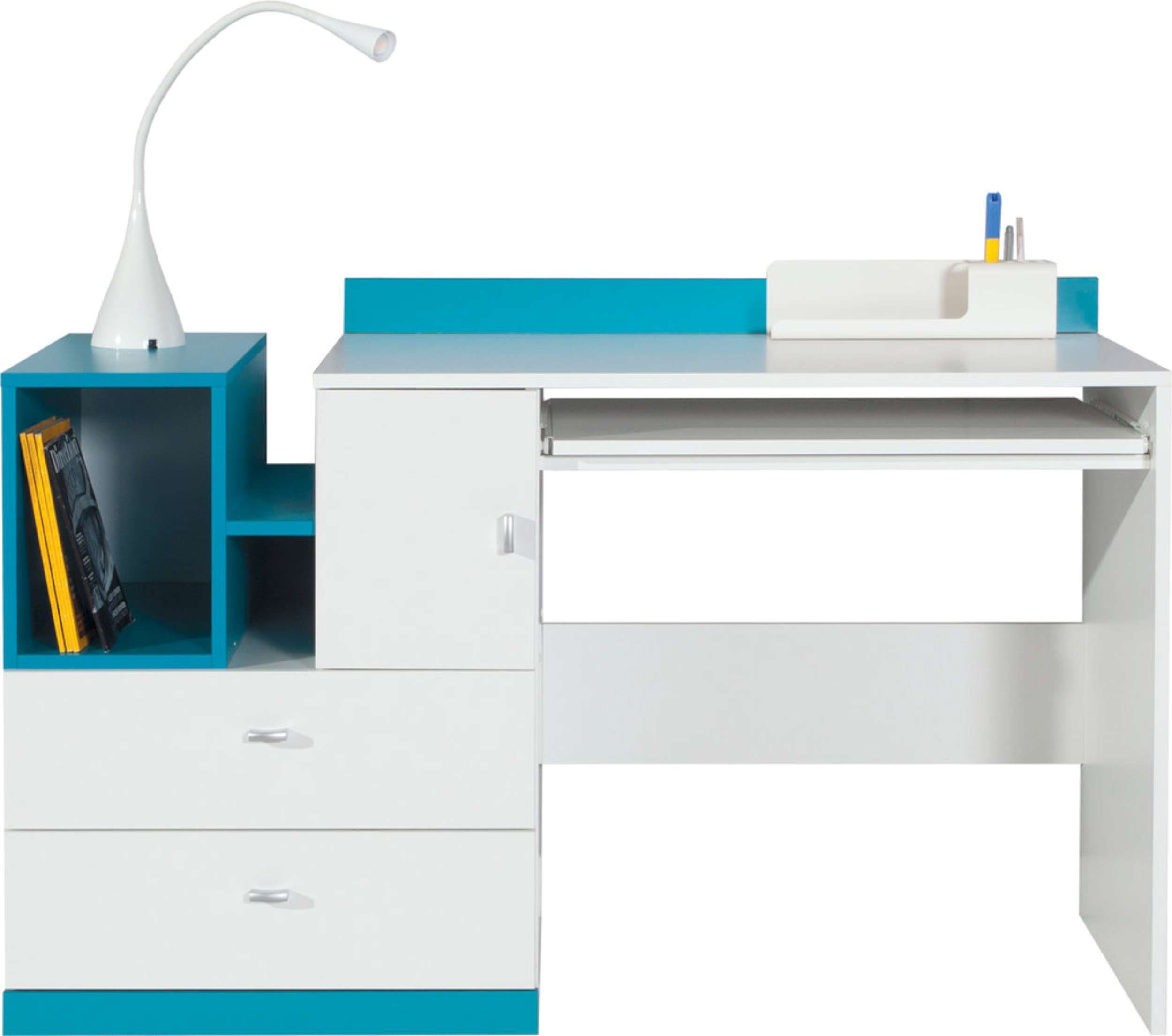 Stylefy Schreibtisch Bond Weiß Hochglanz Türkis (Computertisch, Bürotisch), mit Schubladen, Spanplatte, viel Stauraum, Modern Design
