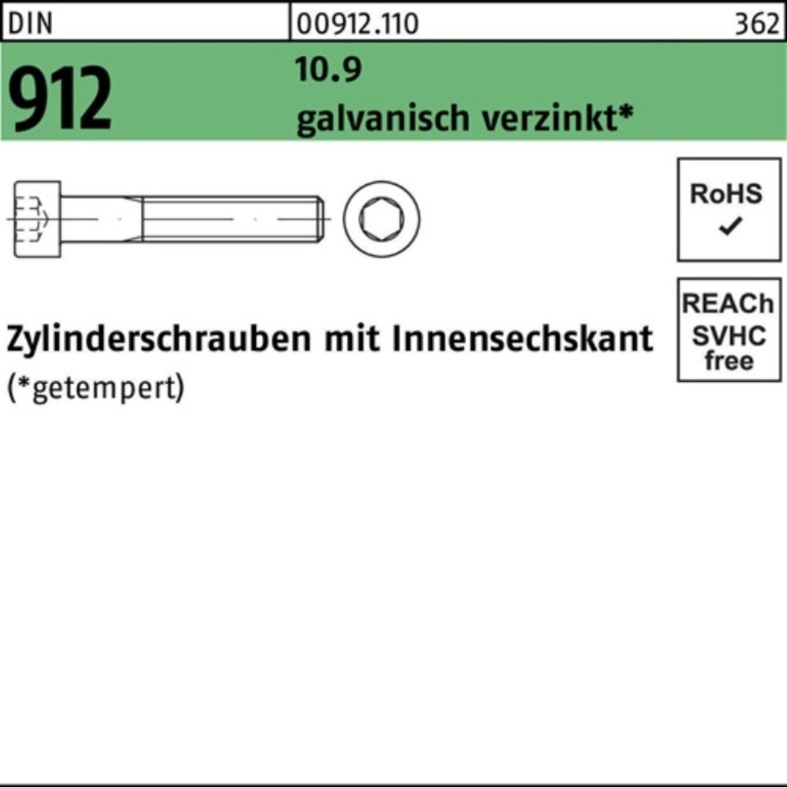 Innen-6kt 912 Pack Zylinderschraube Zylinderschraube 10.9 galv.verz. DIN M30x240 100er Reyher