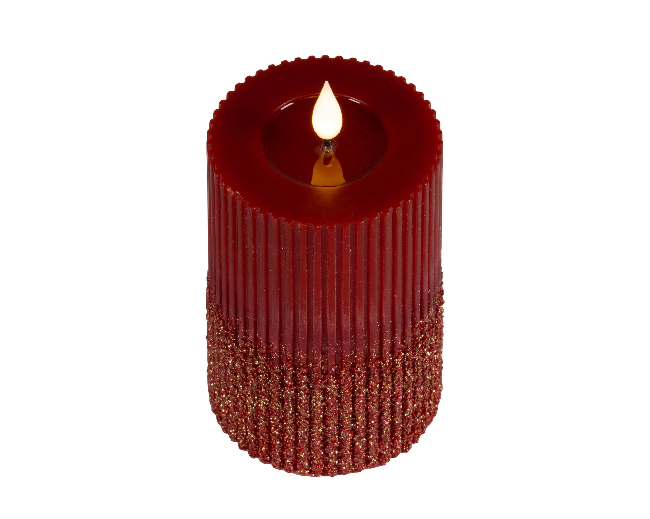 Lumineo LED-Kerze, Timer, warmweiß, LED Kerze 7,5x15cm mit Timer gerillt Wachs Glitzer Ochsenblut Warmweiß