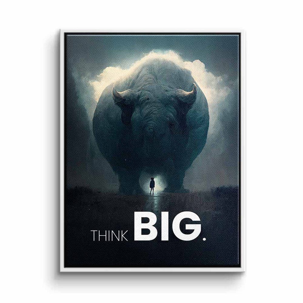 DOTCOMCANVAS® Leinwandbild, Premium Motivationsbild - Think Big Synergy - Nashorn weißer Rahmen