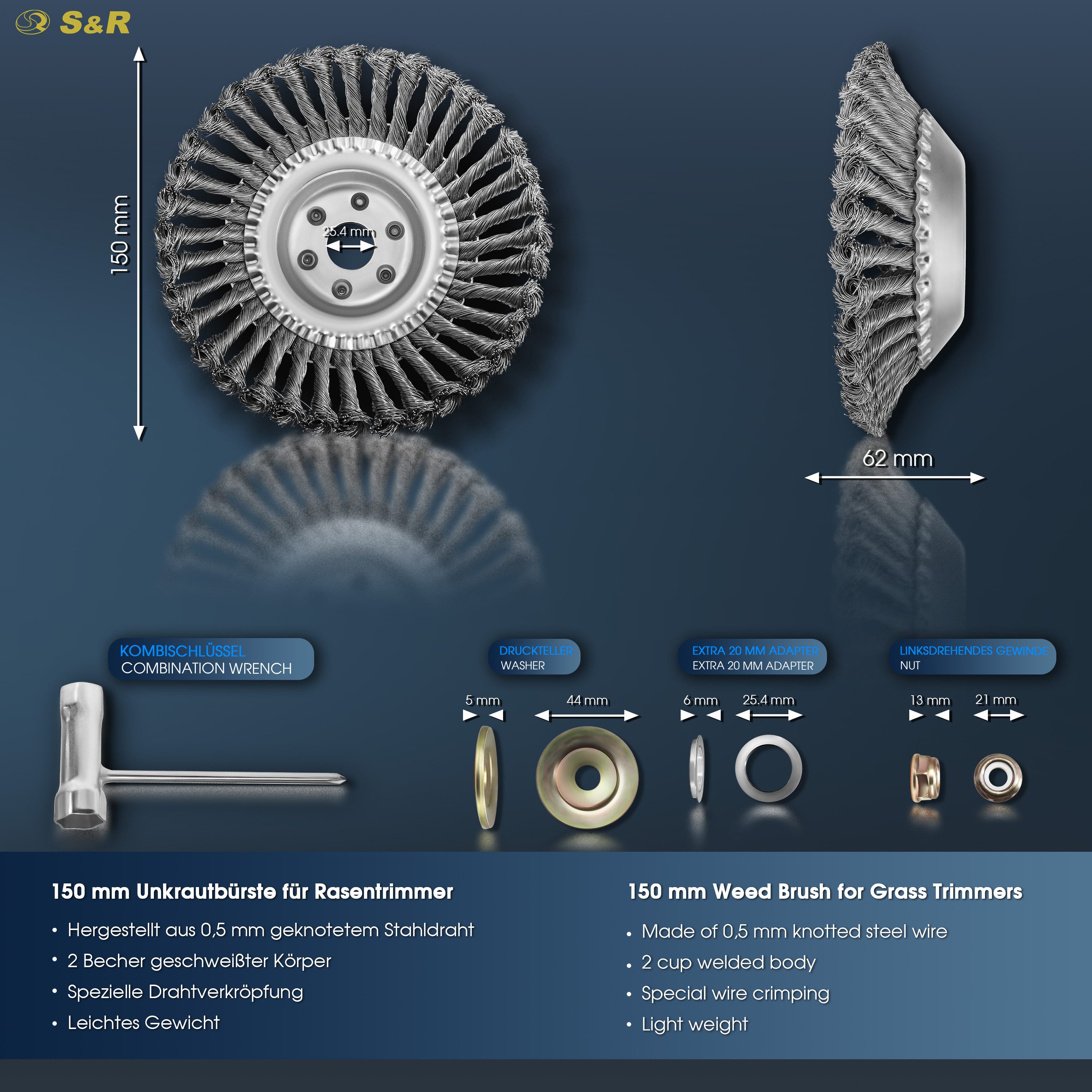 S&R Drahtbürste Stahlbürste, Unkrautbürste 150 mm x 25,4 mm, für Rasentrimmer, (Set, 5-TLG Set mit Zubehör), Motorsense Freischneider, gegen Unkraut, Moos, starke Verunreinigungen
