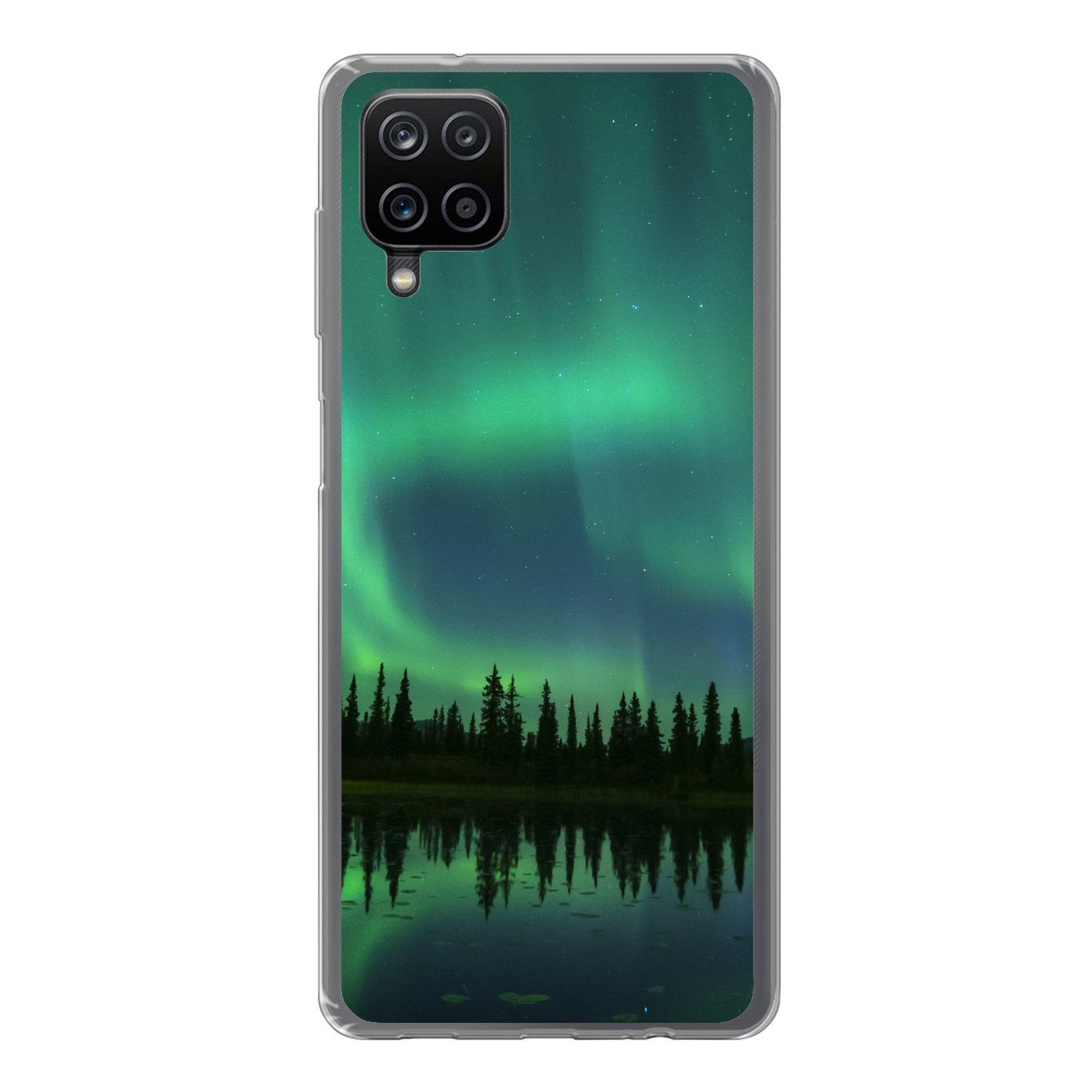 MuchoWow Handyhülle für Samsung Galaxy A12 Nordlicht - Bäume - Wasser - Alaska, Smartphone-Bumper, Print, Handy Schutzhülle Dünn