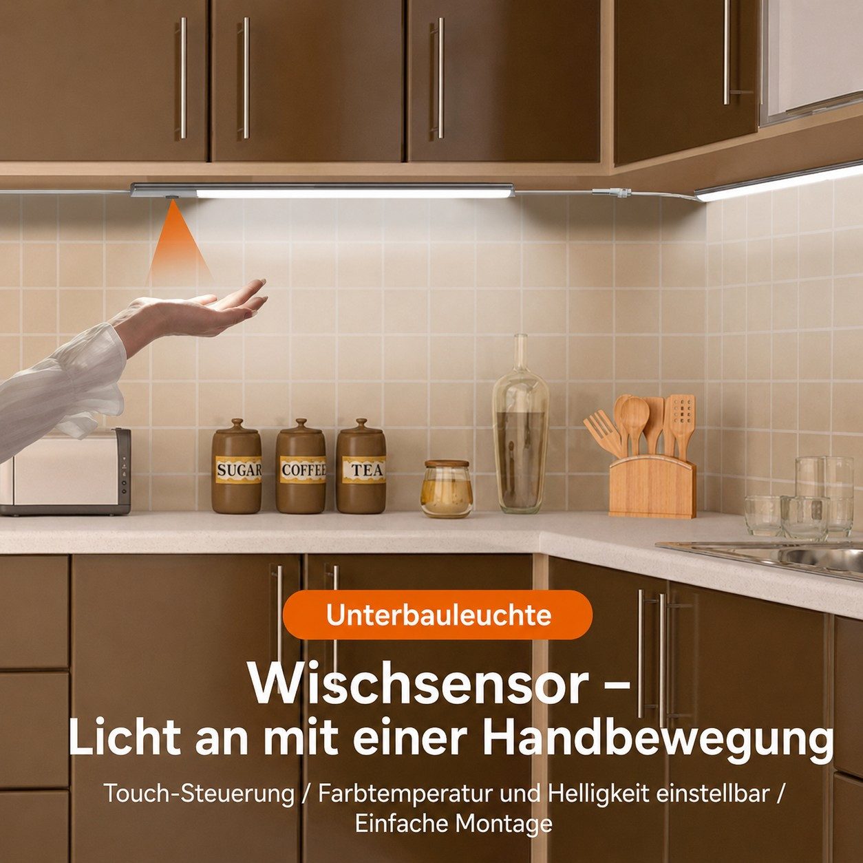 Futicare LED Unterbauleuchte Küche 2er-Set, ultraflach 8 mm, mit Handsensor, 3 Farbtemperaturen, dimmbar, 2800K/4000K/6500K, 2×40 cm, Netzbetrieb – Bild 3 von 5