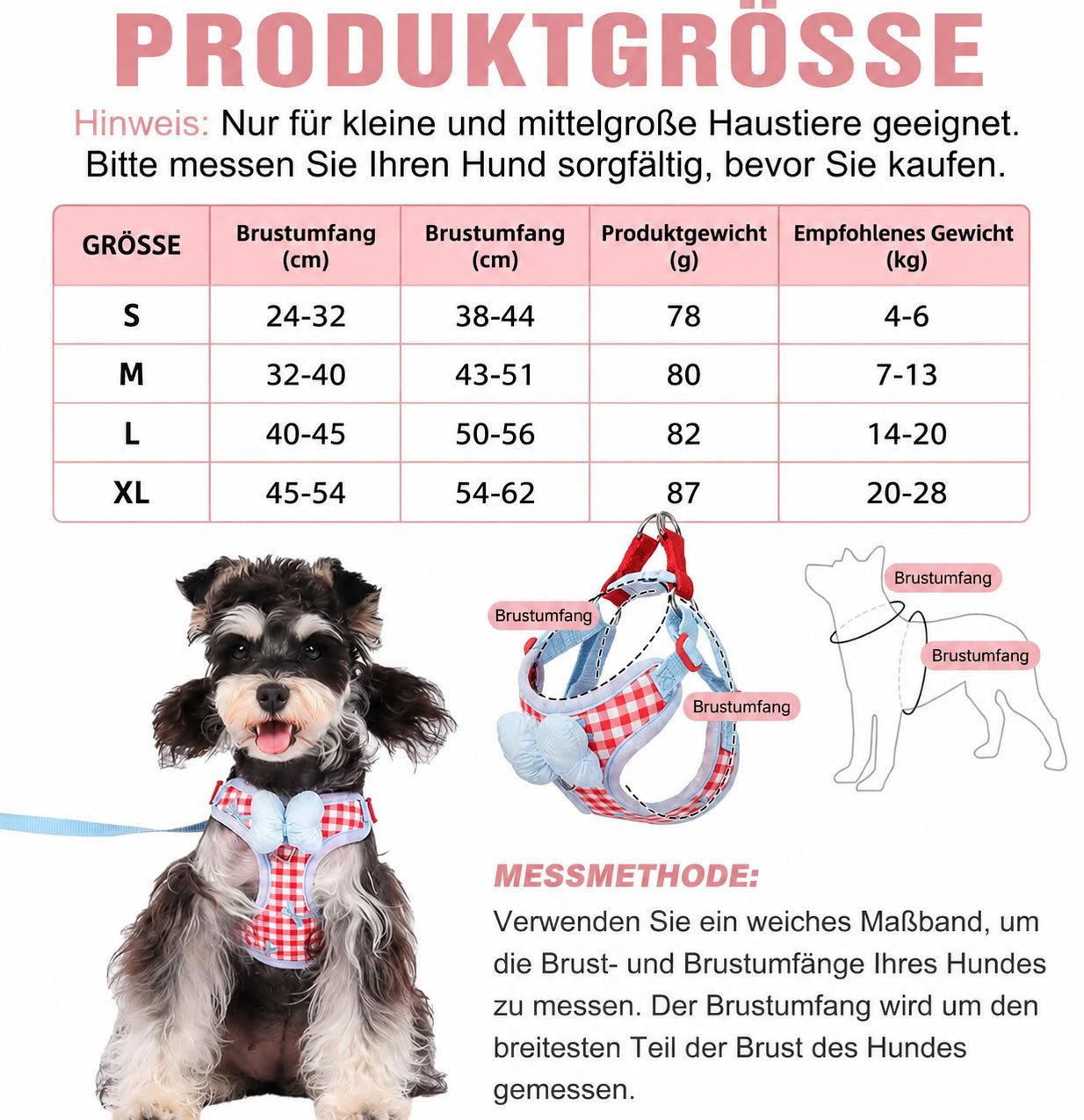 Ledander Hunde-Geschirr Karierter Hundegeschirr mit Schleifen-Design und Leine, ideal zum Laufen, Spazierengehen, Einkaufen und Training