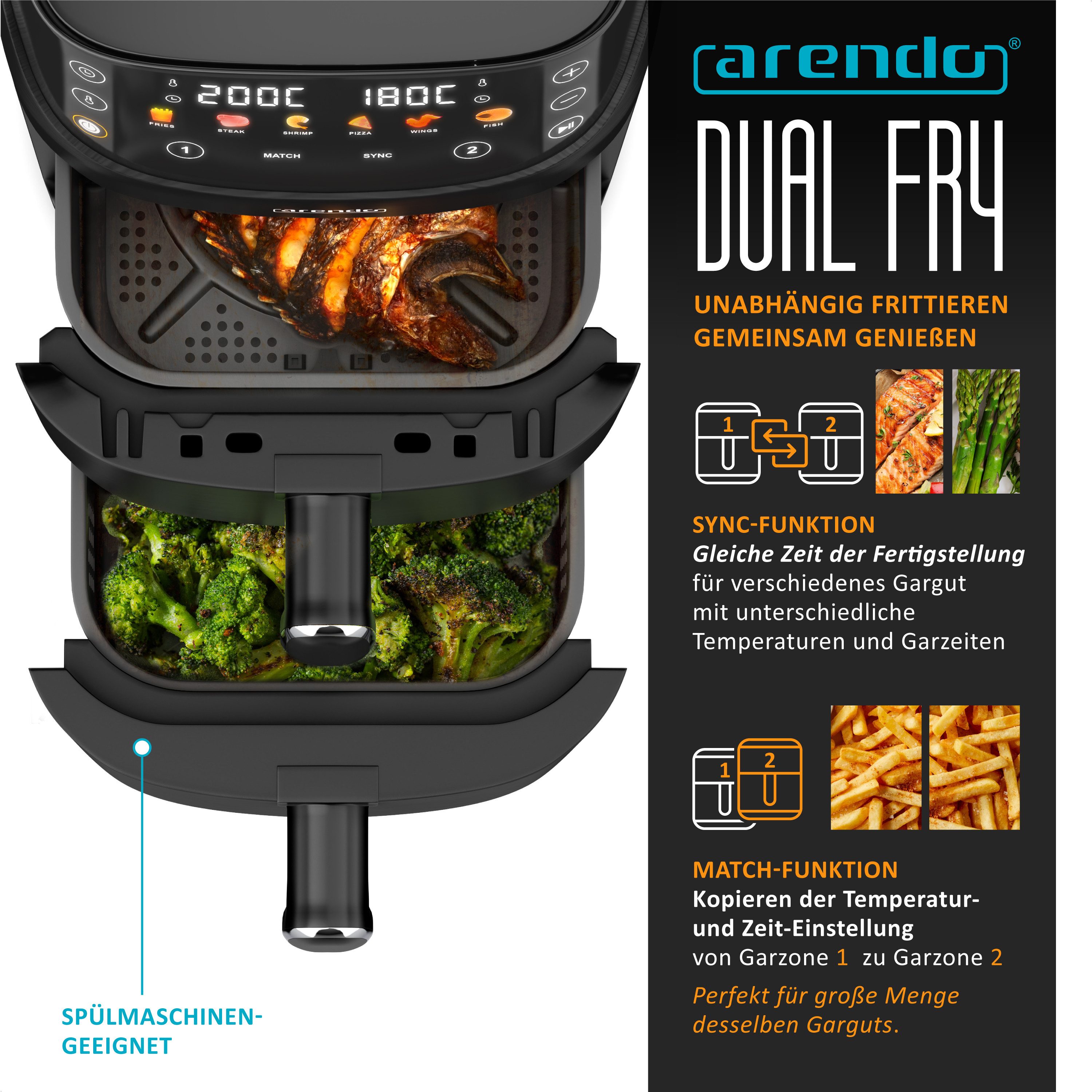 Arendo Heißluftfritteuse mit 2 Kammern Übereinander, Doppelkammer Airfryer 5L, Dual Zone, 2000 W, mit Zubehör, Umluft Backofen, Edelstahl, fettarmes gesundes Ko – Bild 3 von 5