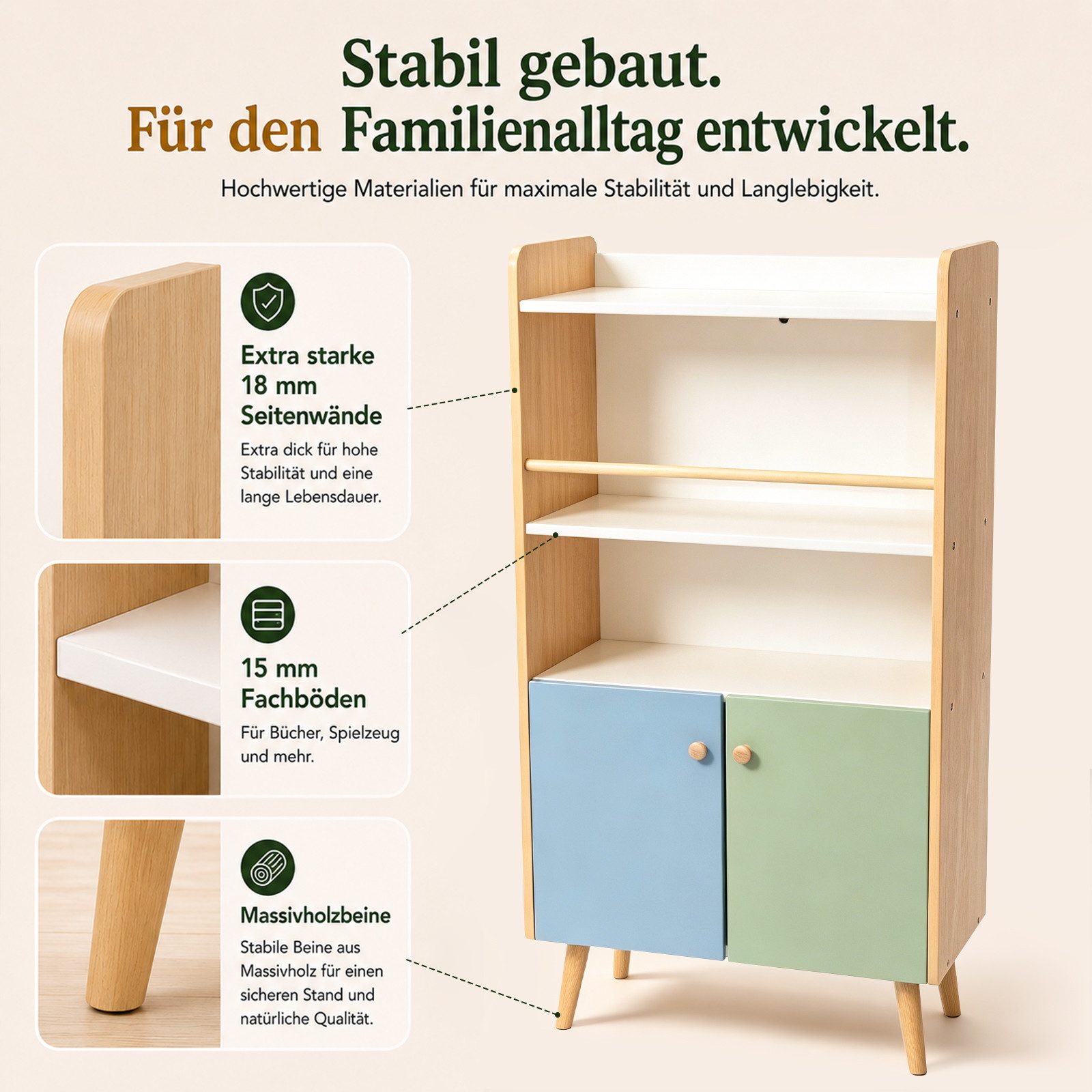 ALVIX Kinderregal NESTA 4, 4-in-1 mit frontaler Buchablage, 2 Türen und Kippschutz