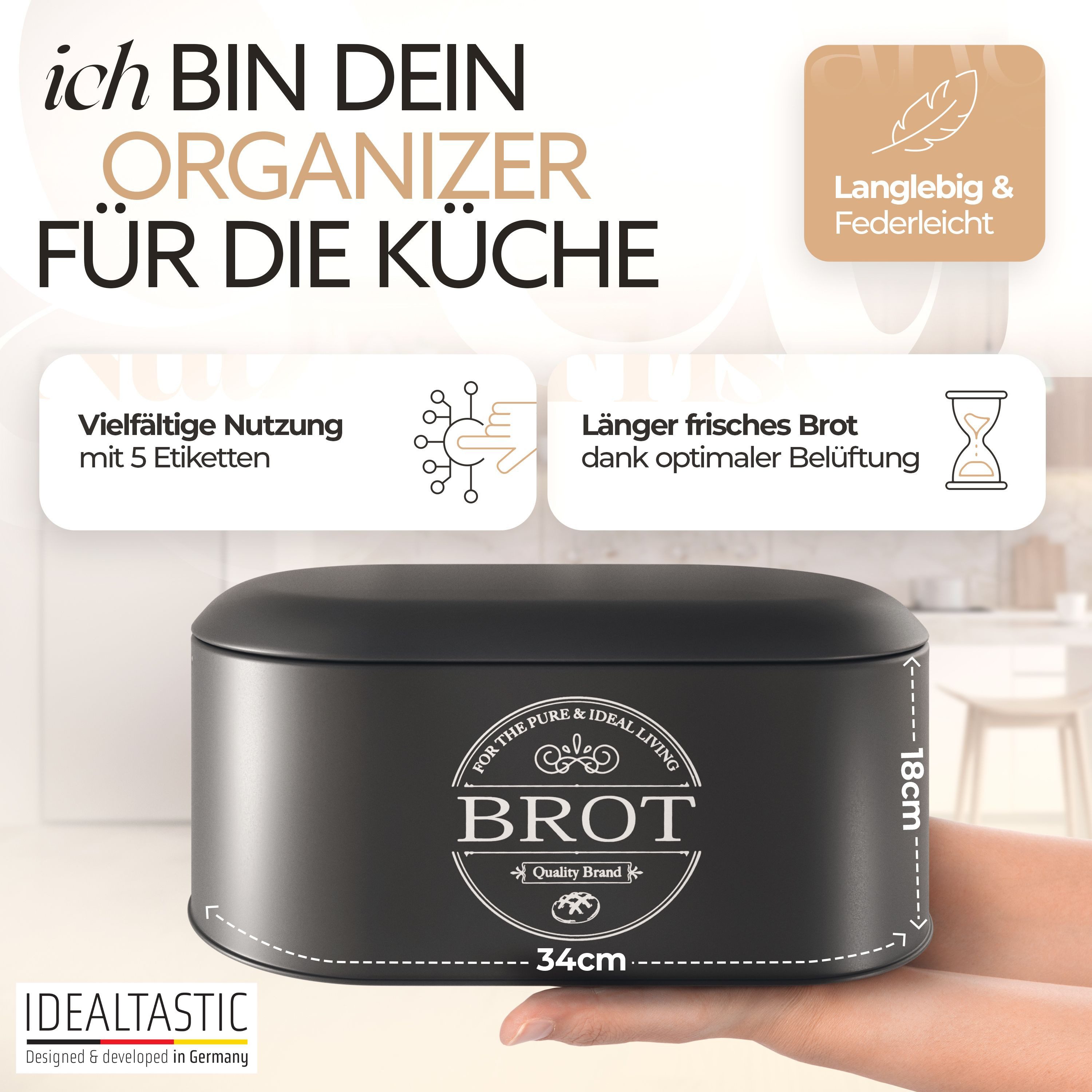 IDEALTASTIC Brotkasten Premium 2-in-1 Brotkasten für die ideale Brot Aufbewahrung, Stahl, (Brot Aufbewahrung, Brotkästen, Brotkasten), Schwarzer Brotkasten mit  – Bild 2 von 5