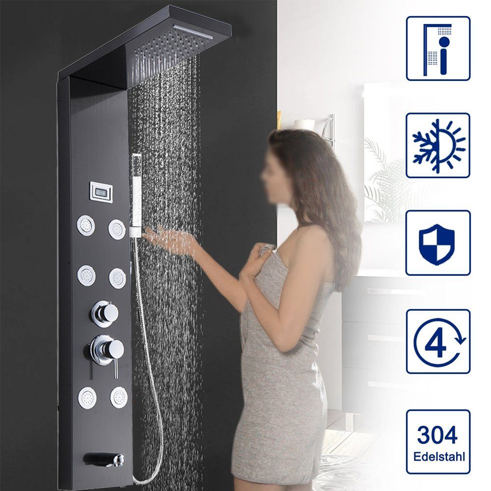 XIIW Duschsystem 6in1 Schwarz Duschsystem mit armatur,Duschpaneel Duschsäulen, aus rostfreiem Edelstahl mit LED Temperaturanzeige,Regendusch System Duschset,Wasserverbrauch 2,5 GPM