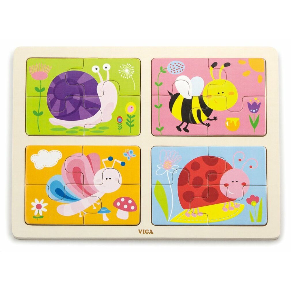 Viga® Holzspielzeug Puzzle VIGA Holzpuzzle Tiere der Wiese 4x4 Teile, Puzzleteile