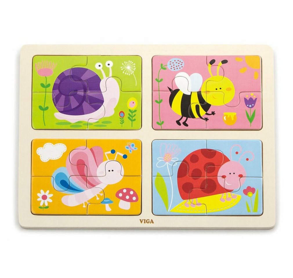 Viga® Holzspielzeug Puzzle VIGA Holzpuzzle Tiere der Wiese 4x4 Teile, Puzzleteile