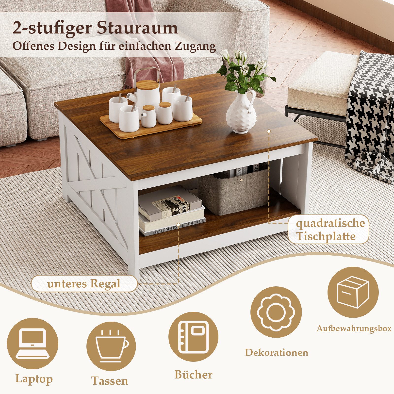 COSTWAY Couchtisch, rechteckig, mit Stauraum, Wohnzimmertisch Holz günstig online kaufen