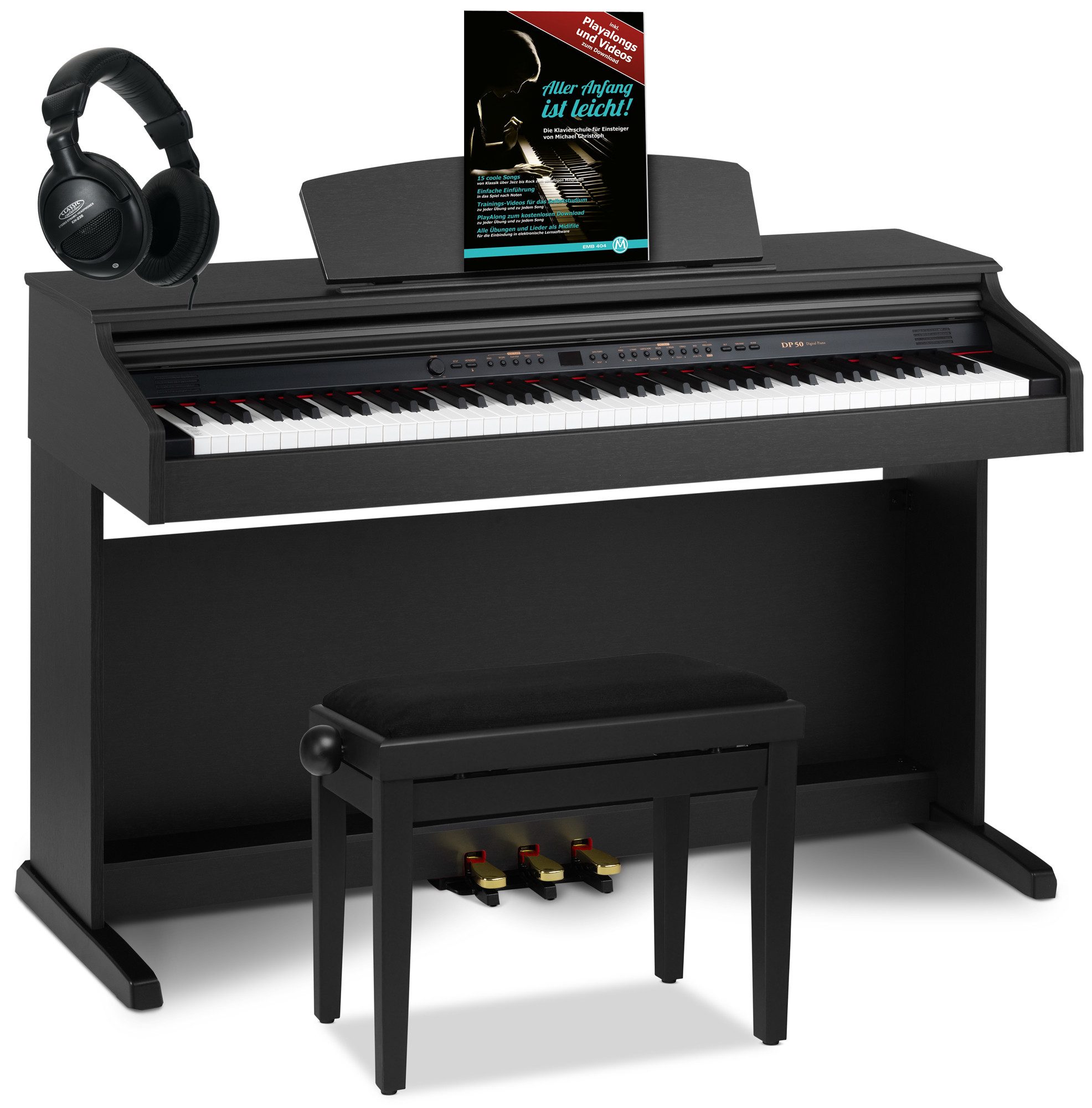 Classic Cantabile Digitalpiano DP-50 E-Piano Set mit 88 Tasten Hammermechanik (Spar-Set, inkl. Klavierbank, Kopfhörer & Schule), Klavier, Layer-, Split-, Twin-Piano- und Aufnahmefunktion