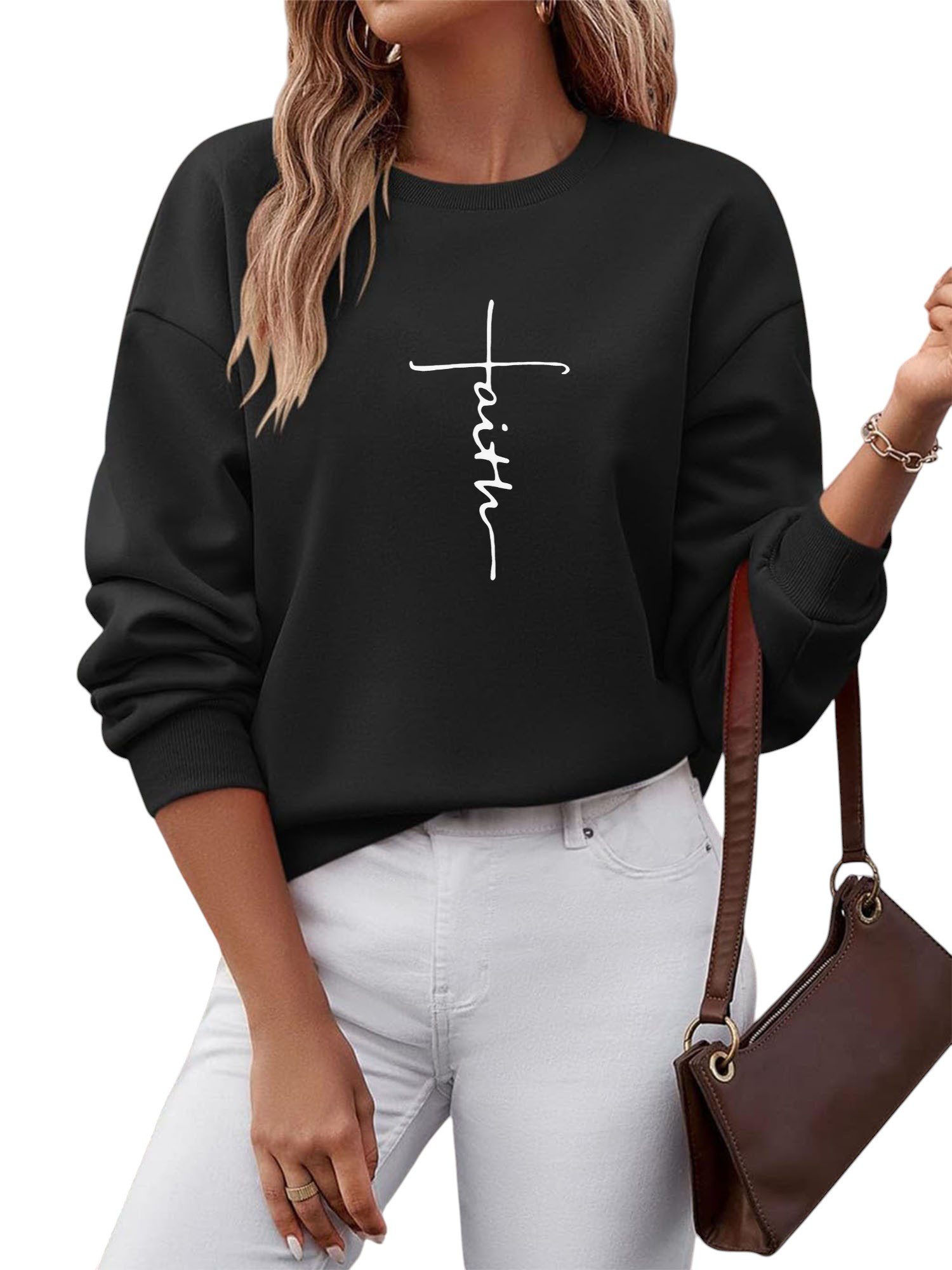 PYLIKE Fleecepullover Fleecepullover Damen,Sweatshirt mit kreuzen Print,Lan günstig online kaufen