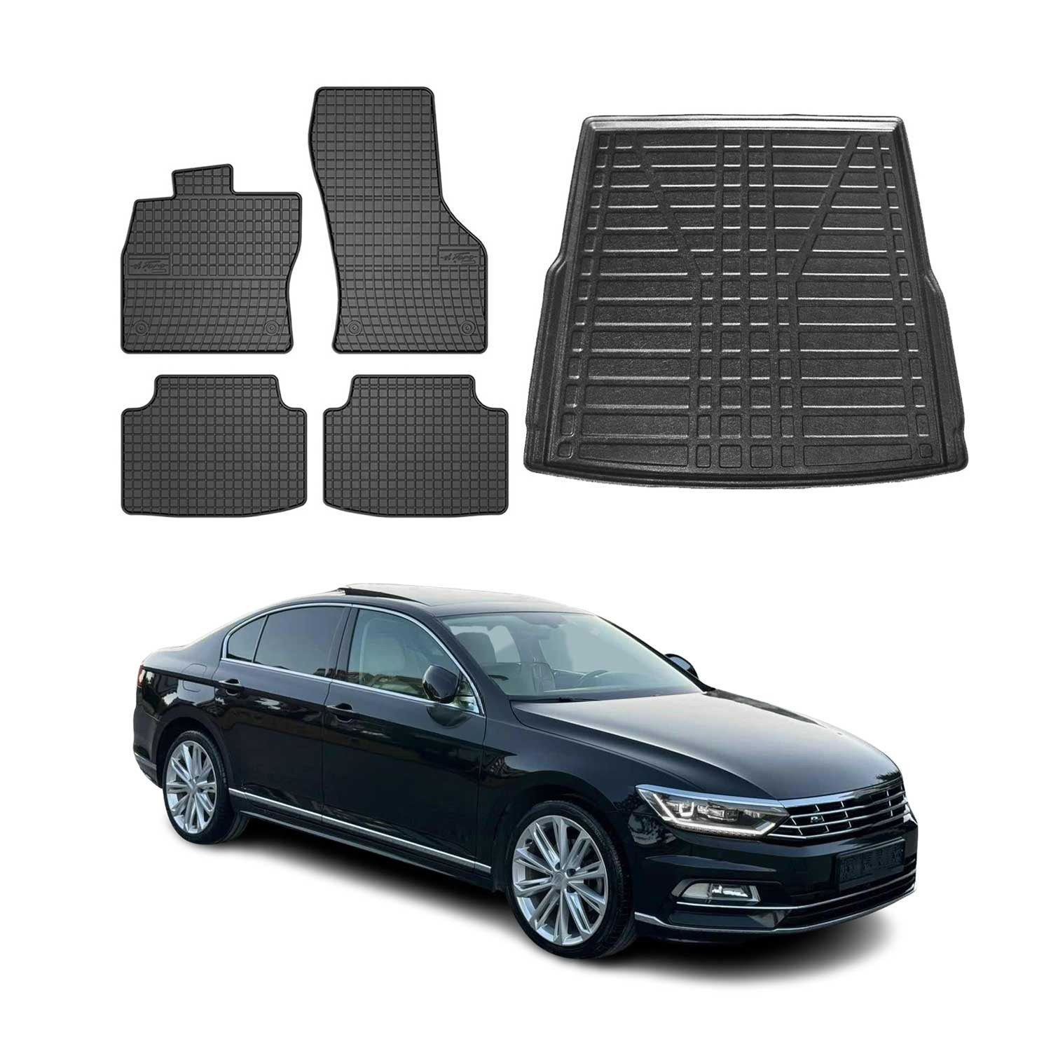 OMAC Auto-Fußmatten Kofferraumwanne Set für VW Passat B8 Kombi 2015-2025 Gummi TPE 5x (5 St), für VW Passat B8 Kombi 2015-2025 VW Passat B8 Kombi 2015-2025, Einfache Installation,Antirutsch,Leicht zu reinigen