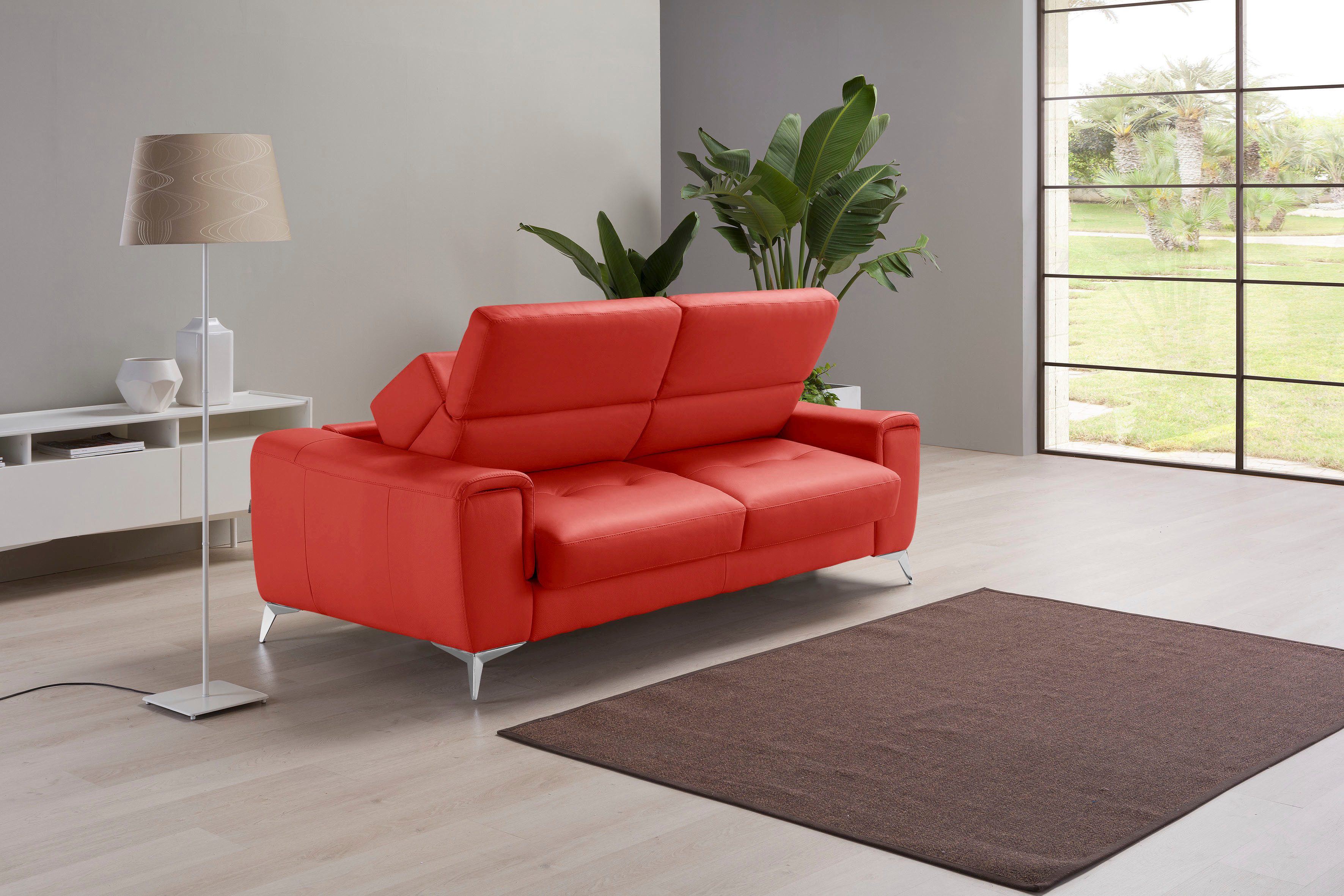 Egoitaliano Schlafsofa Francine Designsofa, Loungesofa mit Dauerschlaffunktion, Breite 233 cm, mit Bettfunktion, Leder BULL, kirschrot, Fußfarbe chrom
