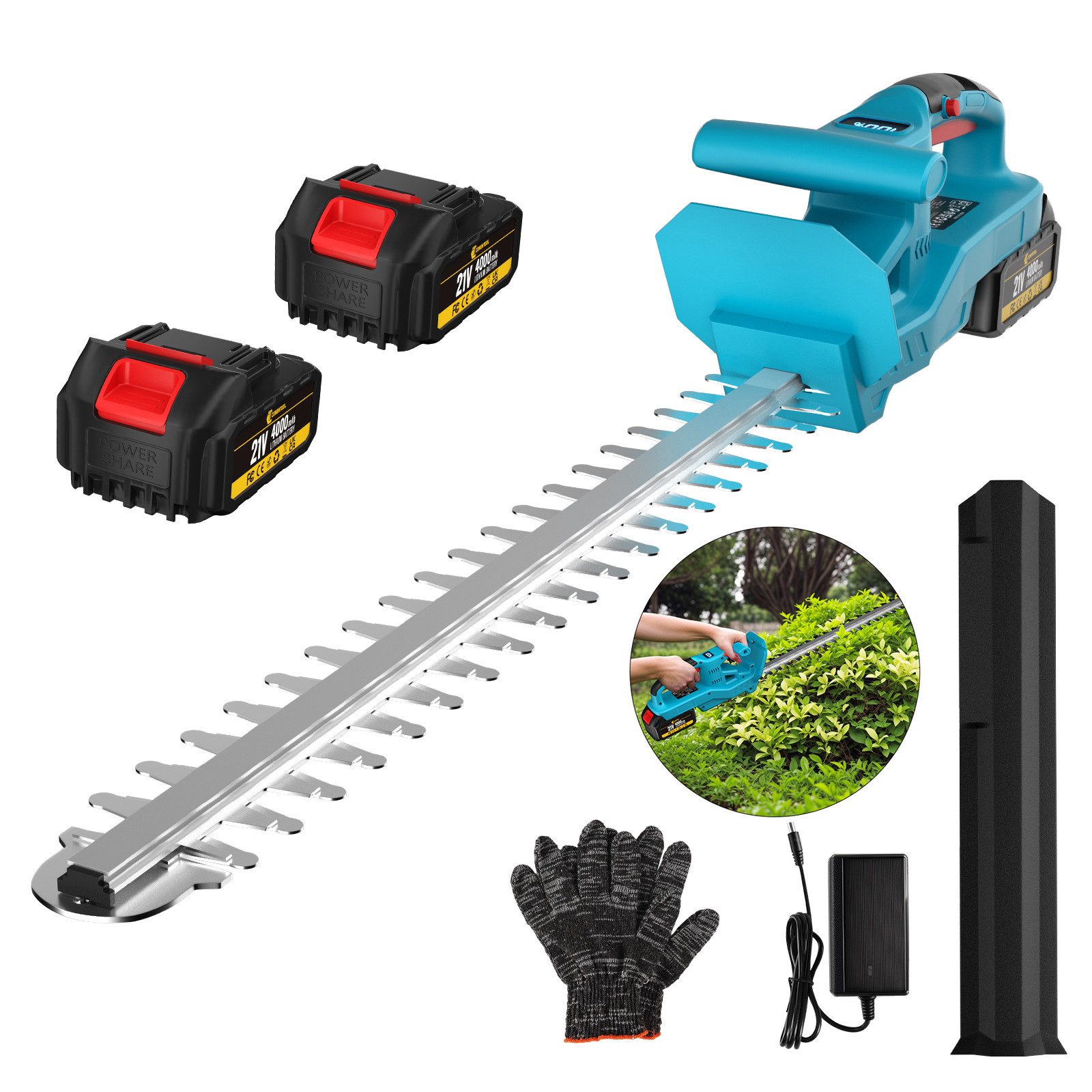 CONENTOOL Akku-Heckenschere 21V Elektro-Heckenschere mit 2x4Ah Akku und Ladegerät, (set), 50 cm Schnittlänge, kabellose Gartenschere für Hecken & Büsche