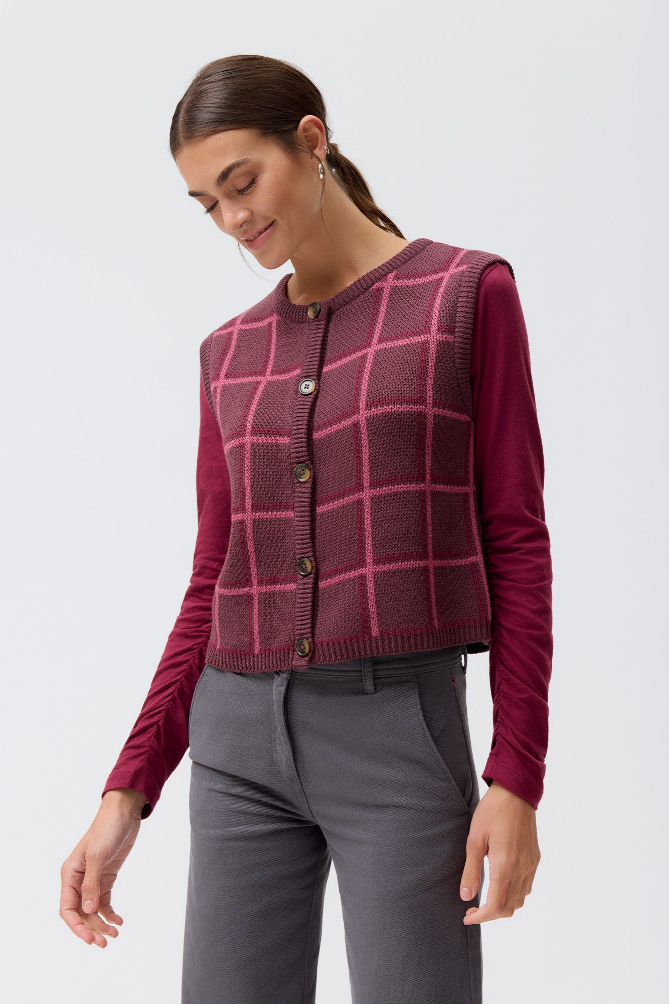 People Wear Organic Pullunder Jacquardstrick, rot kariert GOTS zertifiziert