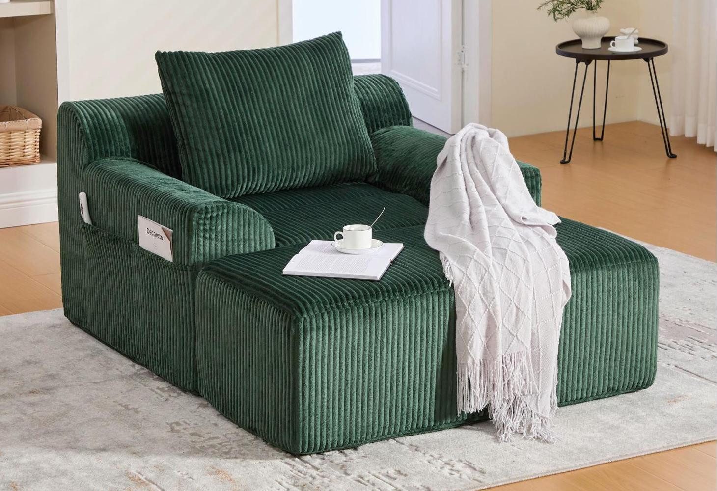 LVHOM Loungesessel Übergroßer Cord Relaxsessel/Polstersessel mit Fußhocker, Seitentaschen (stabiles und dickes Kissen, Steigbügel (kann als separater Hocker dienen), 1-Sitzer Sofasessel, Nicht leicht zu verformen, hohe Rückfederung, tiefe Sitzfläche, Hochbelastbar (300kg): Premium-Schaum + Federbasis, Rahmenlose), für Wohnzimmer, Schlafzimmer, Studie, Homeoffice, Leseecken