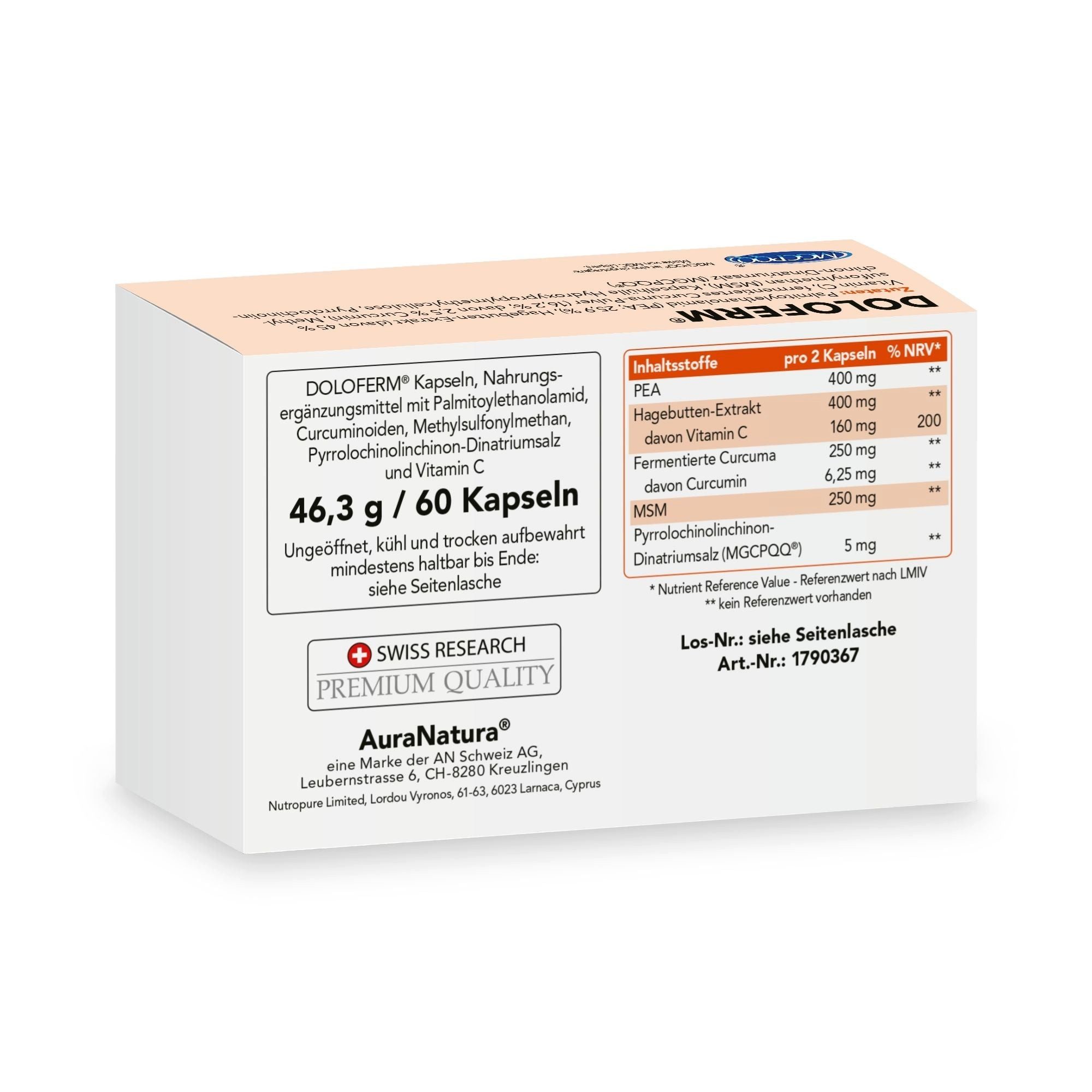 Aura Natura Fermentura Doloferm mit PEA (400 mg jeTagesdosis), MSM und Curcuma Kapseln, Packung à 60 St., PEA Kapseln mit PQQ & MSM